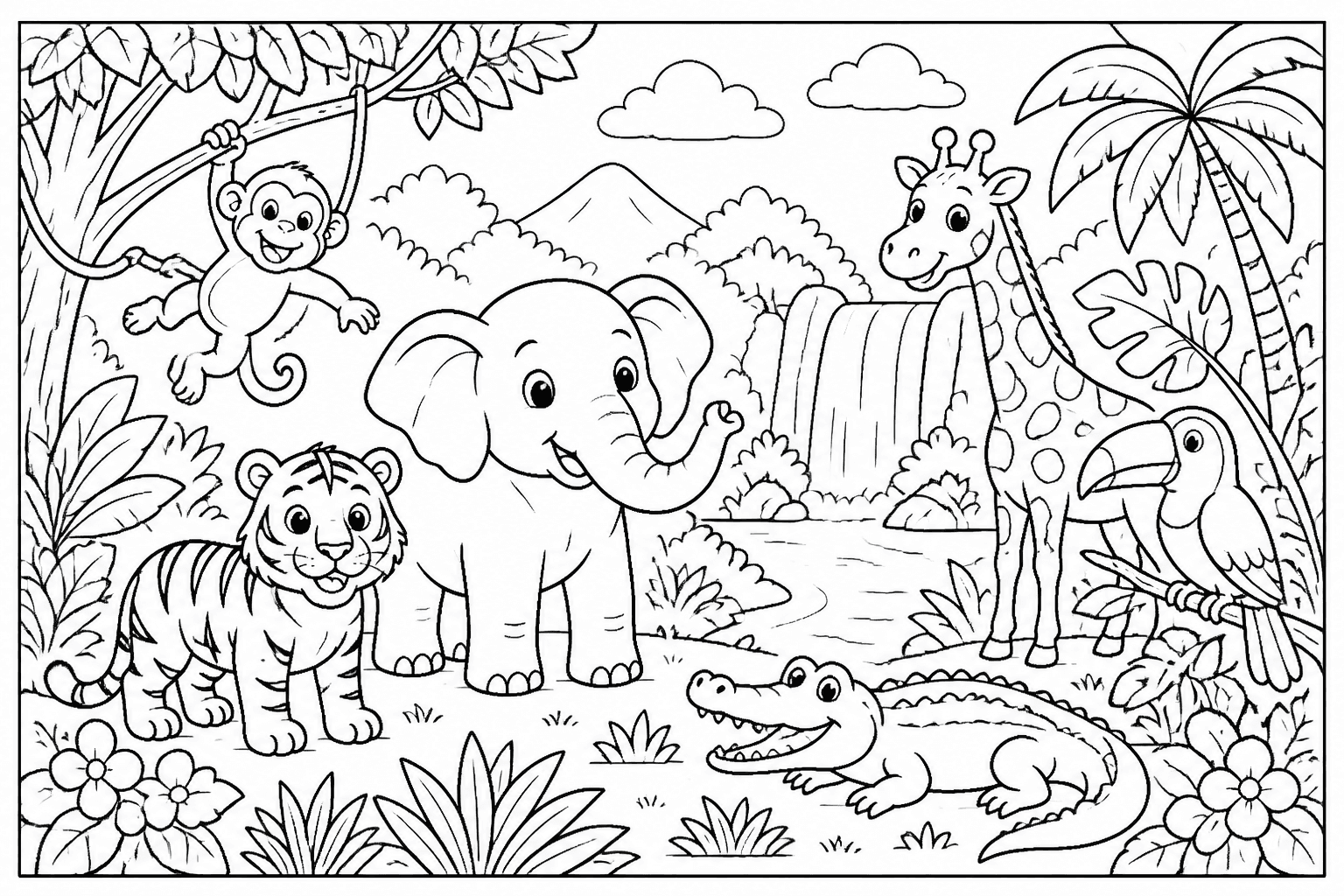Jungle animals coloring page with friendly animals and leafy plants.