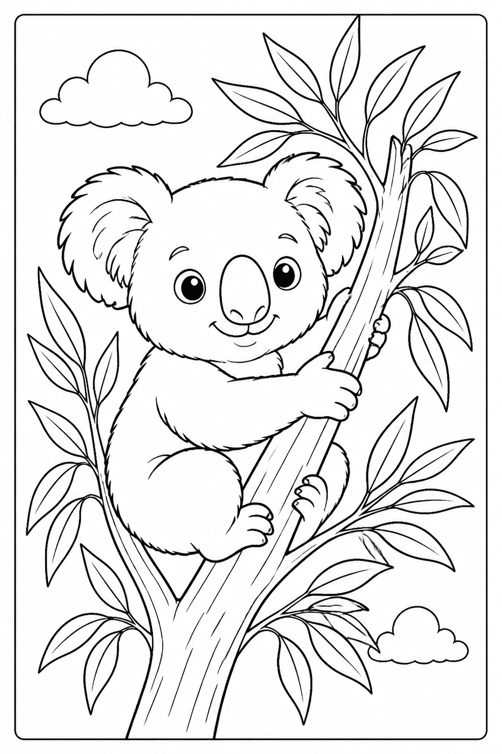 Koala coloring page with a koala hugging a eucalyptus branch.