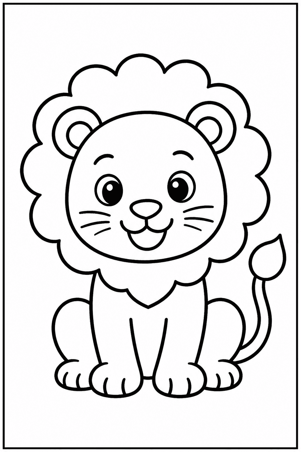 Easy lion coloring page for kids with a cute smiling lion and big bold outlines.