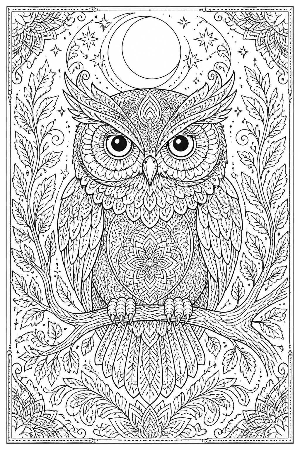 Detailed owl coloring page with intricate feathers and a moonlit branch.