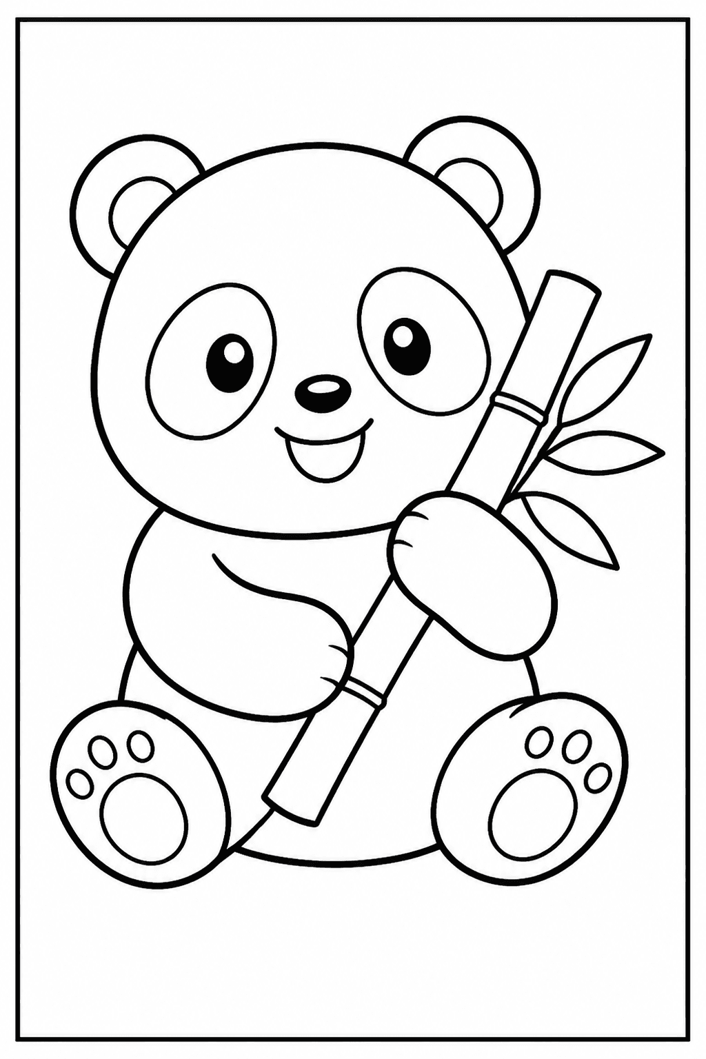 Easy panda coloring page with a cute panda holding bamboo.