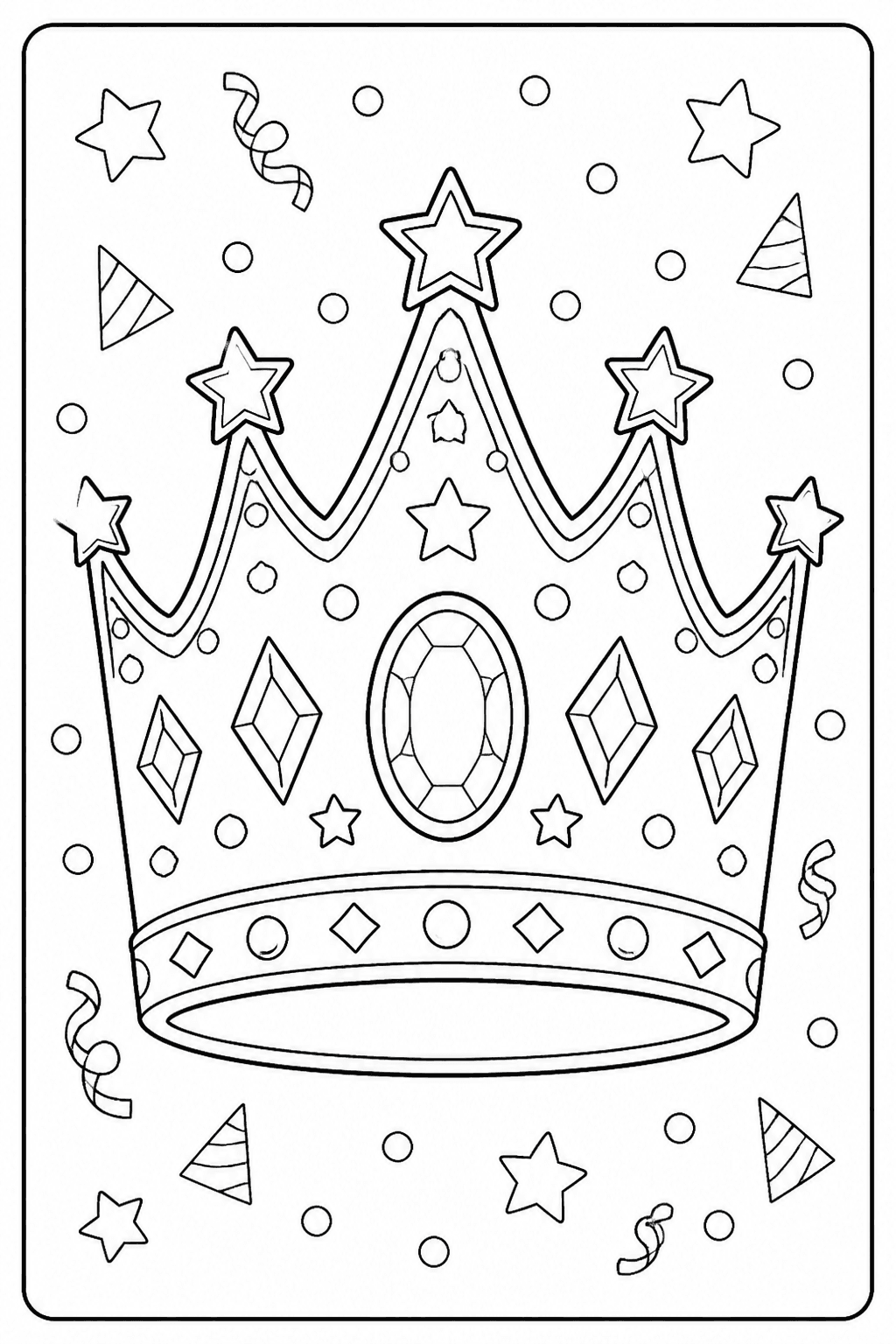 Birthday crown coloring page with stars and gem decorations.