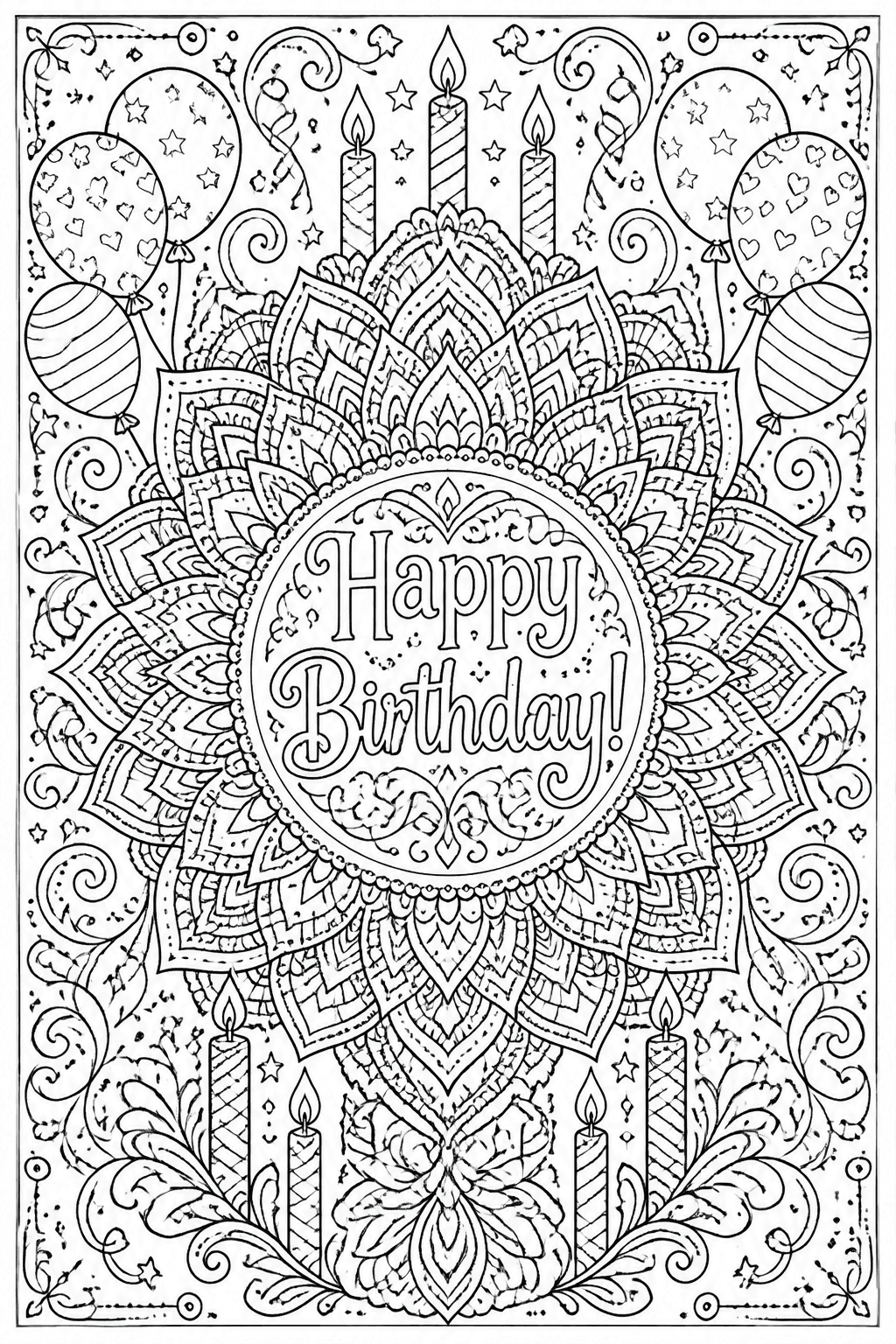 Detailed birthday mandala coloring page with candles, balloons, and stars.