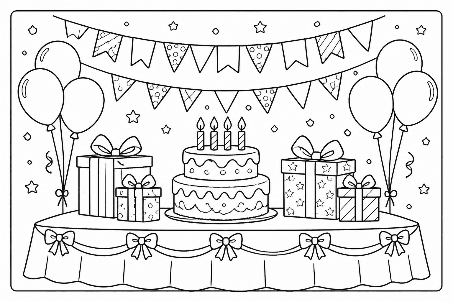 Birthday table coloring page with cake, gifts, balloons, and bunting.