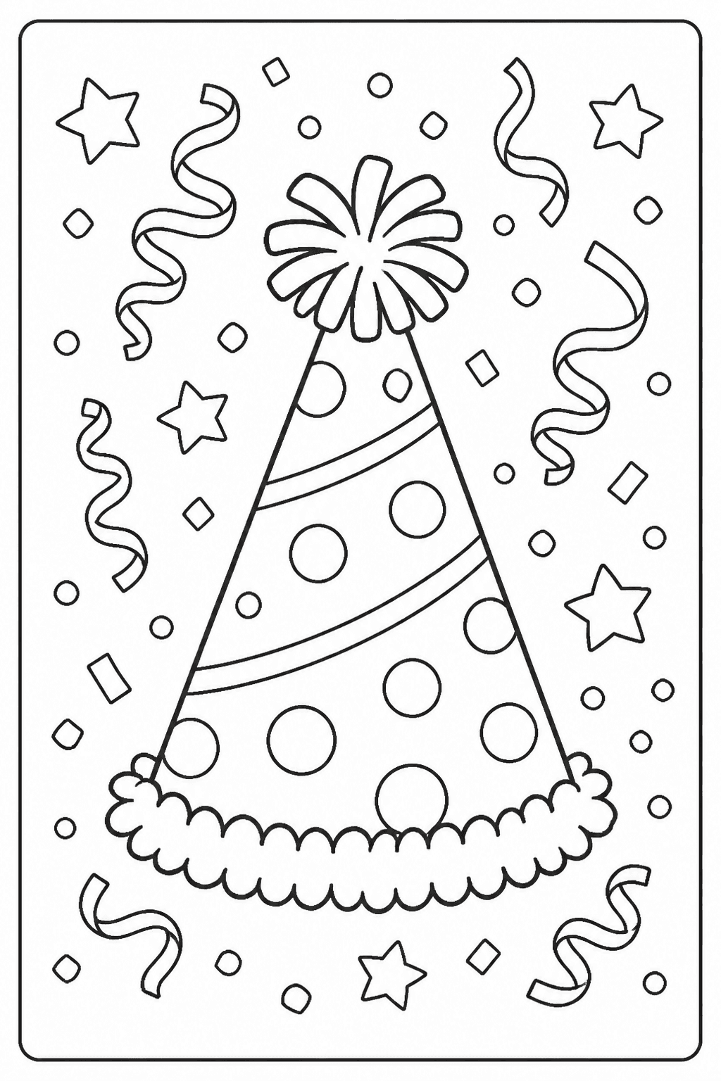 Party hat coloring page with confetti and streamers.