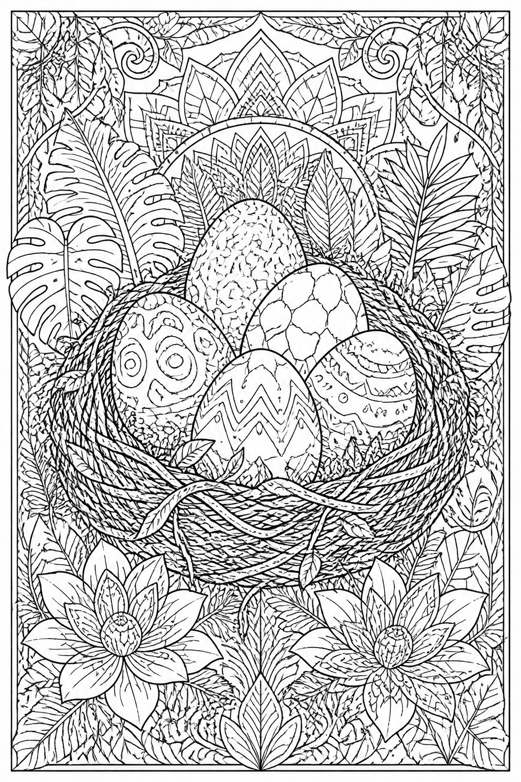 Detailed dinosaur eggs coloring page with a nest and jungle plants.