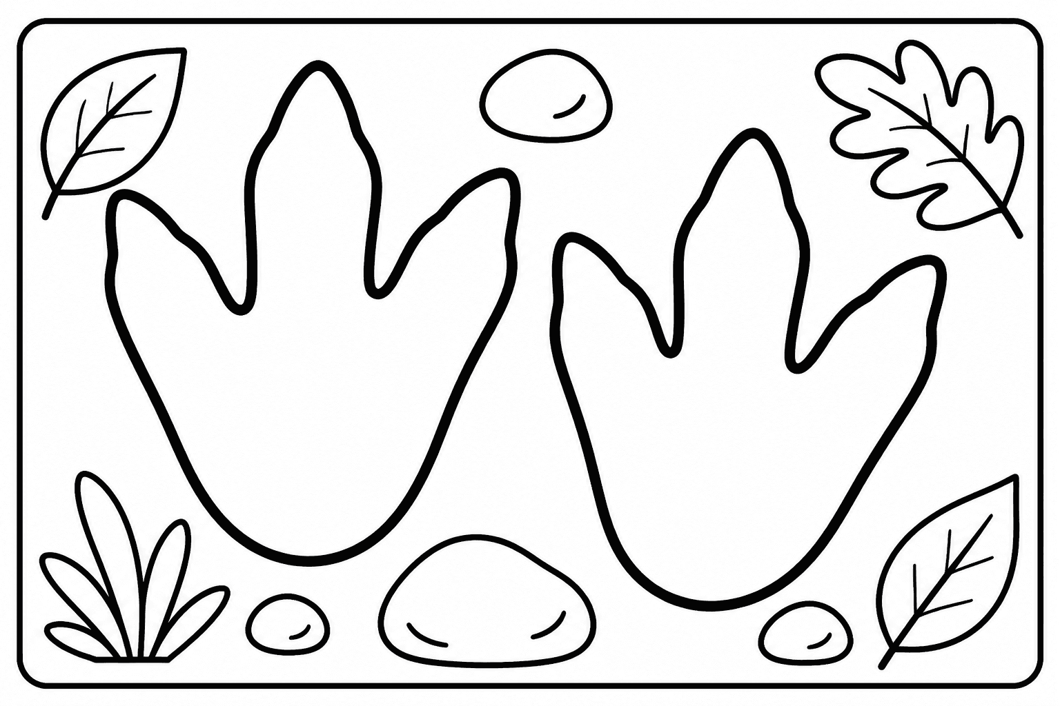 Dinosaur Footprints coloring page featuring large dinosaur footprints with leaves, stones, and bold outlines.