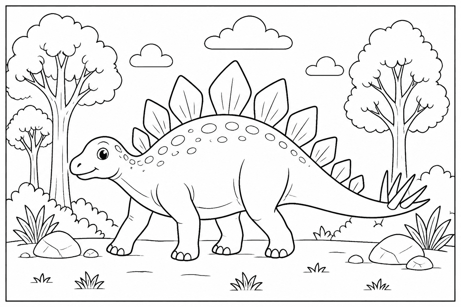 Stegosaurus coloring page with a plated dinosaur walking near trees.