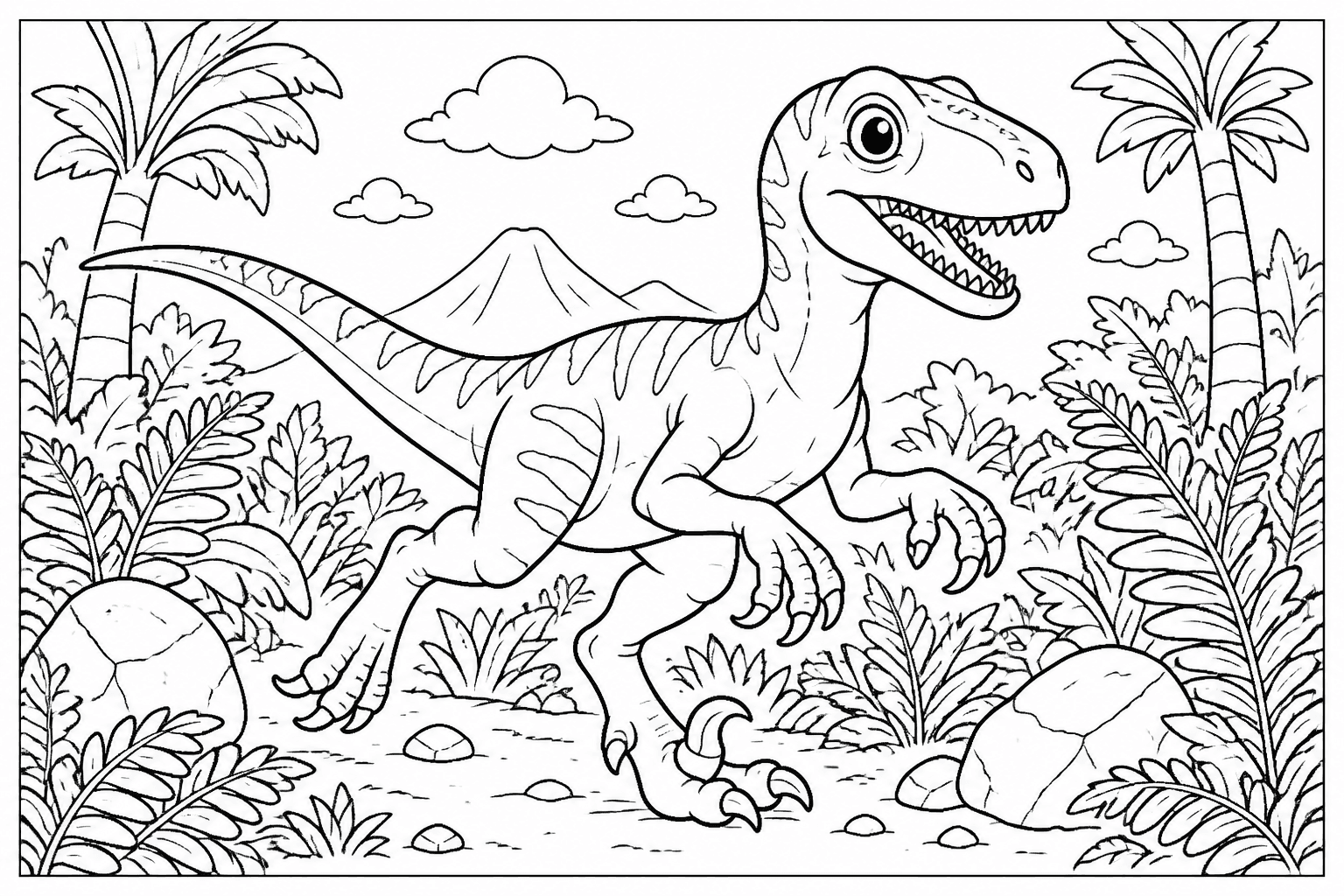 Velociraptor coloring page featuring a friendly velociraptor running through ferns and rocks.