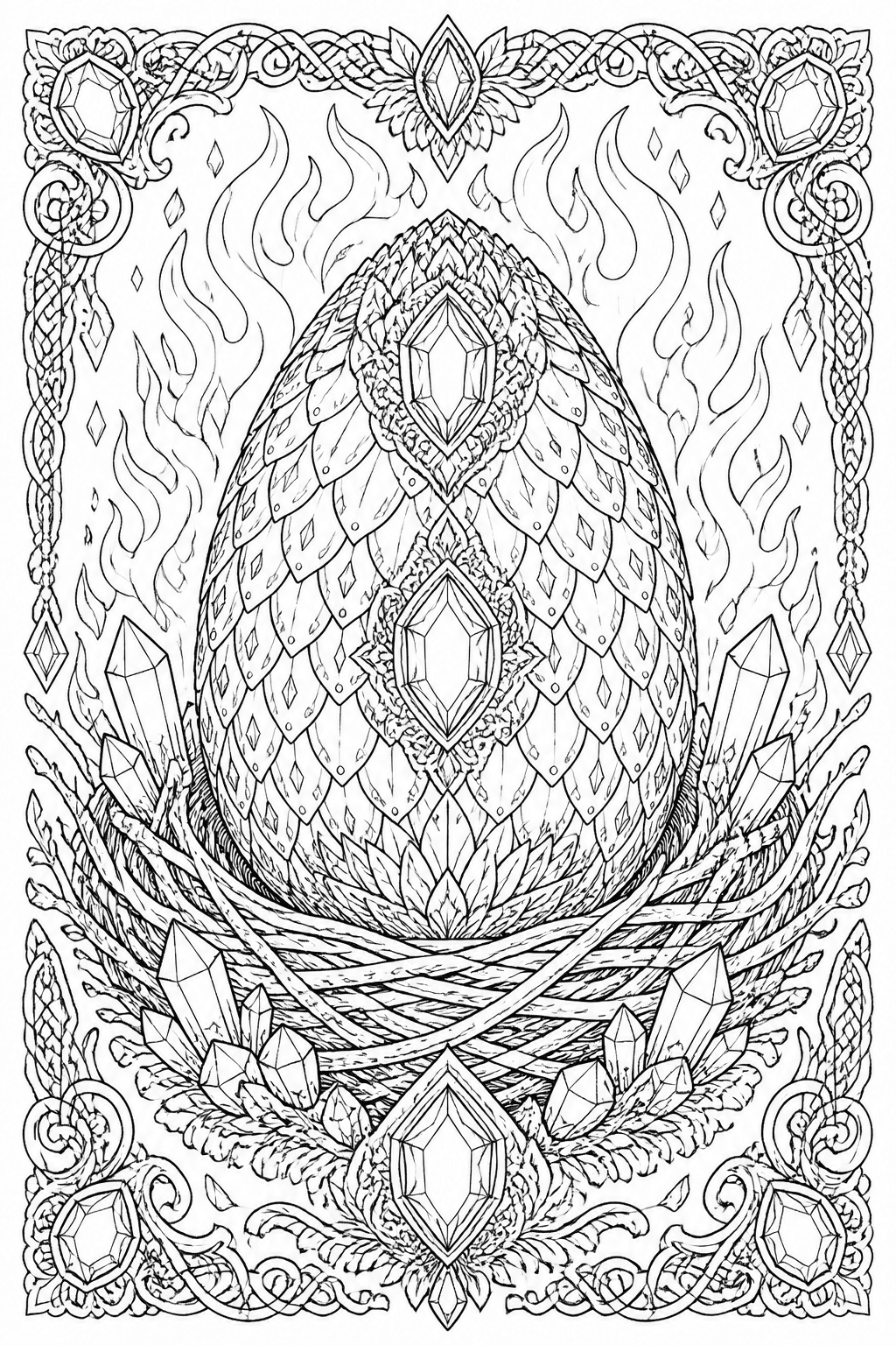 Dragon Egg coloring page featuring a detailed dragon egg in a nest with scales, gems, and flames.