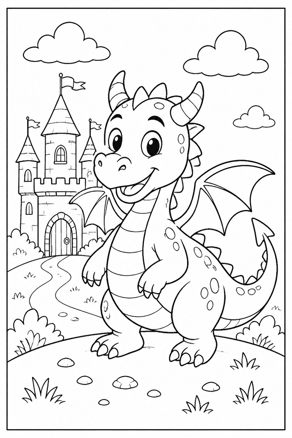 Dragon coloring page with a friendly cartoon dragon, small wings, and a castle.