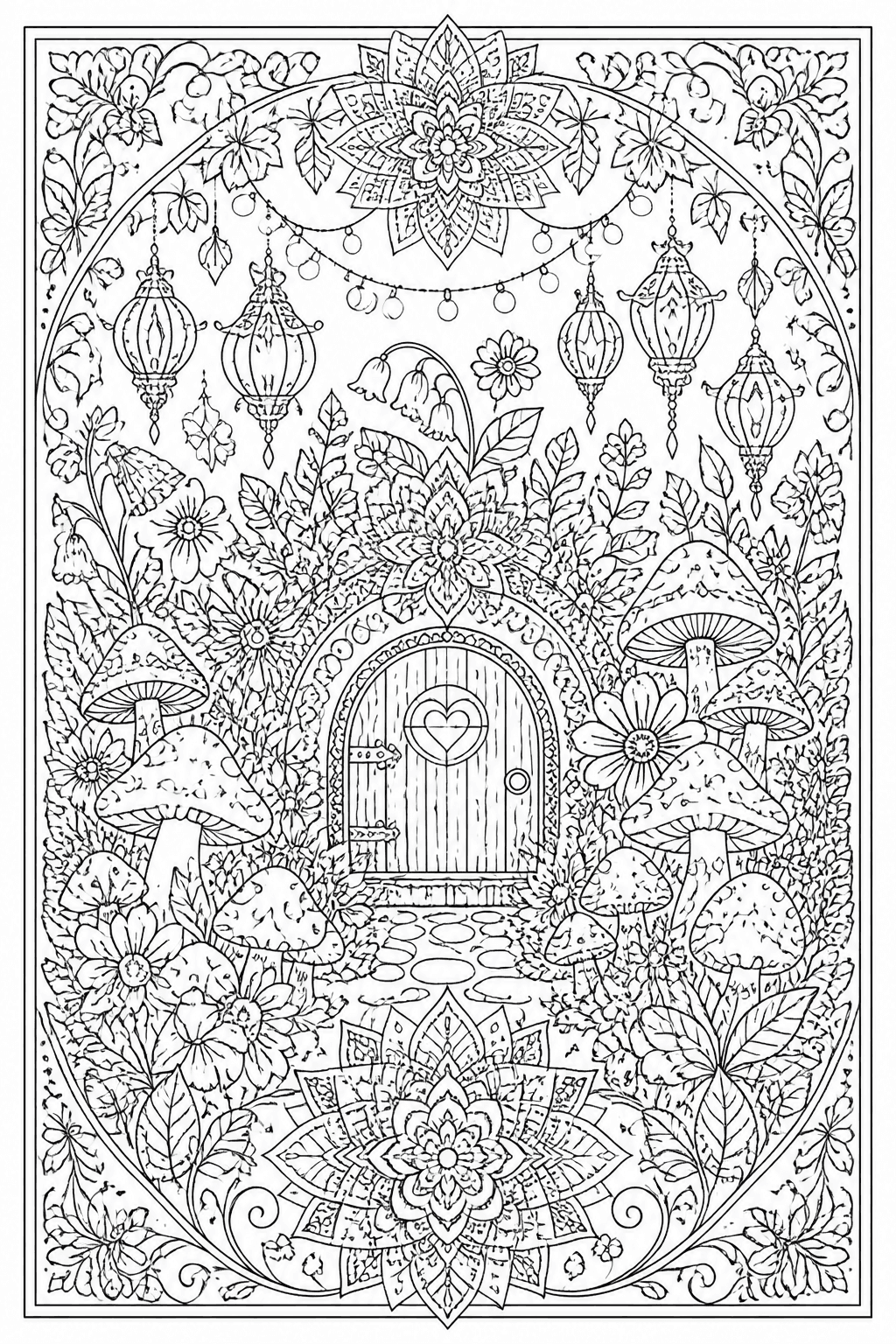 Detailed fairy garden coloring page with flowers, mushrooms, and tiny lights.