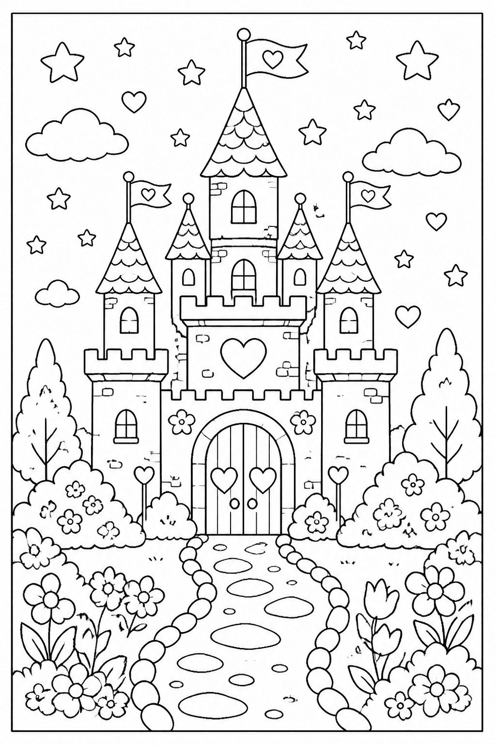 Princess Castle coloring page featuring a storybook castle with flags, hearts, stars, and a garden path.