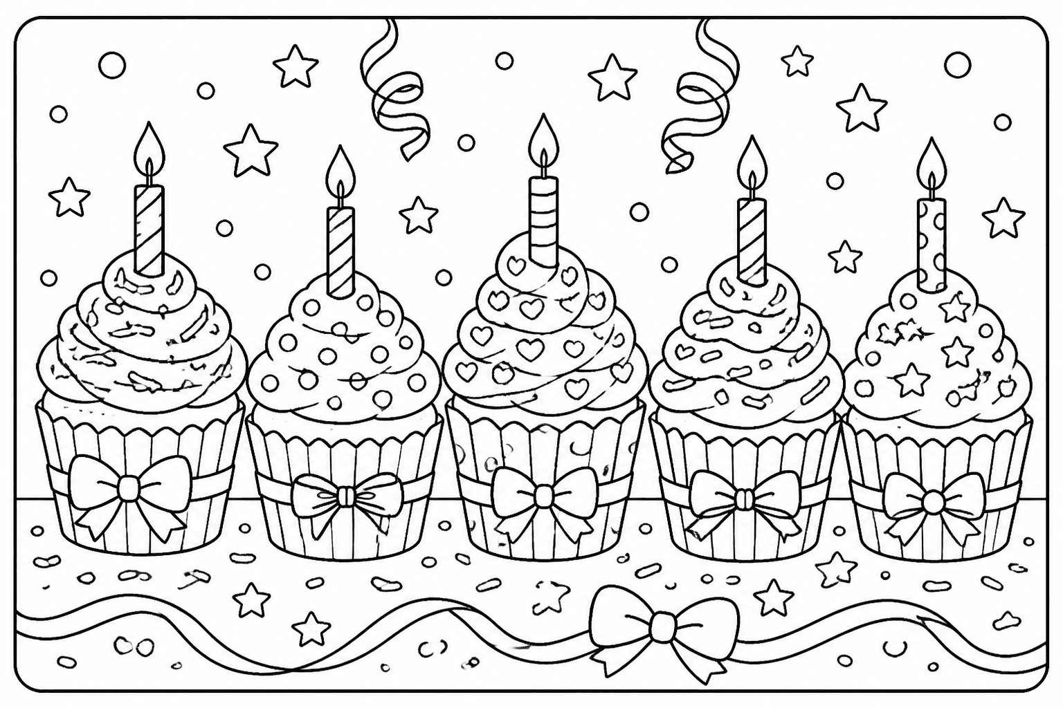 Birthday Cupcakes coloring page featuring a row of birthday cupcakes with candles, sprinkles, and ribbons.