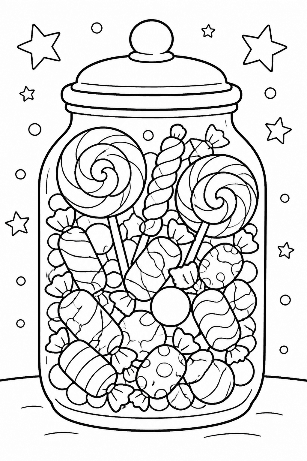 Candy Jar coloring page featuring a jar full of candies, lollipops, and wrapped sweets.