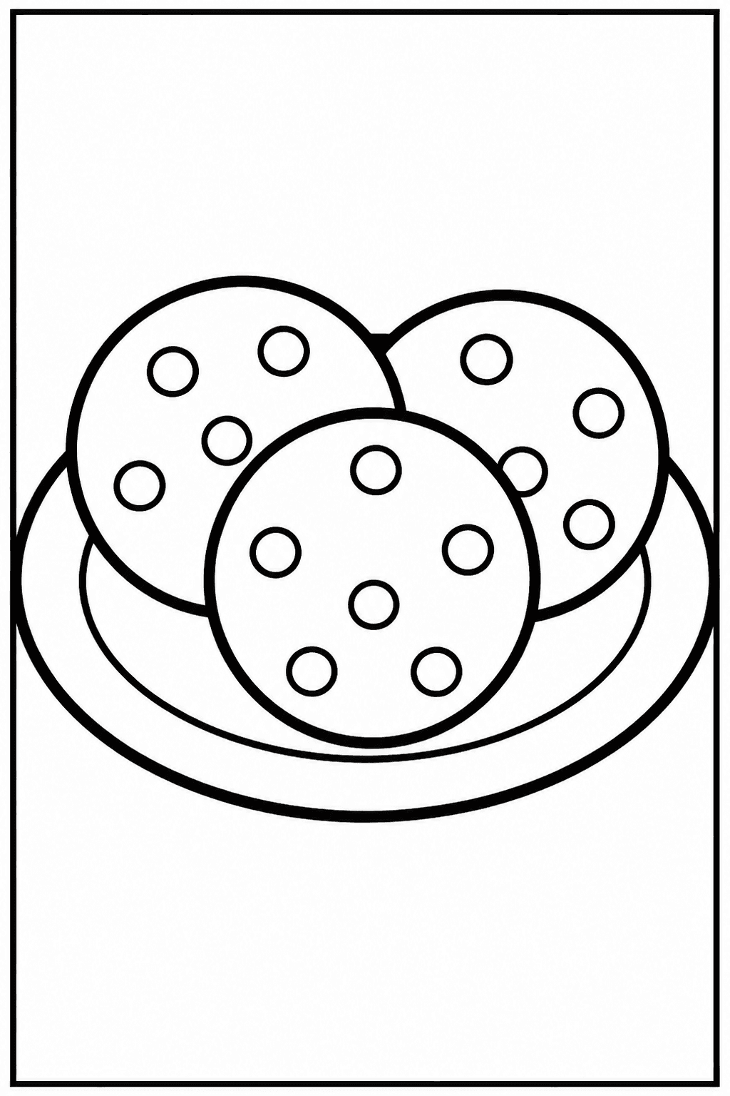 Cookie Plate coloring page featuring a plate of round cookies with chocolate chips and bold outlines.