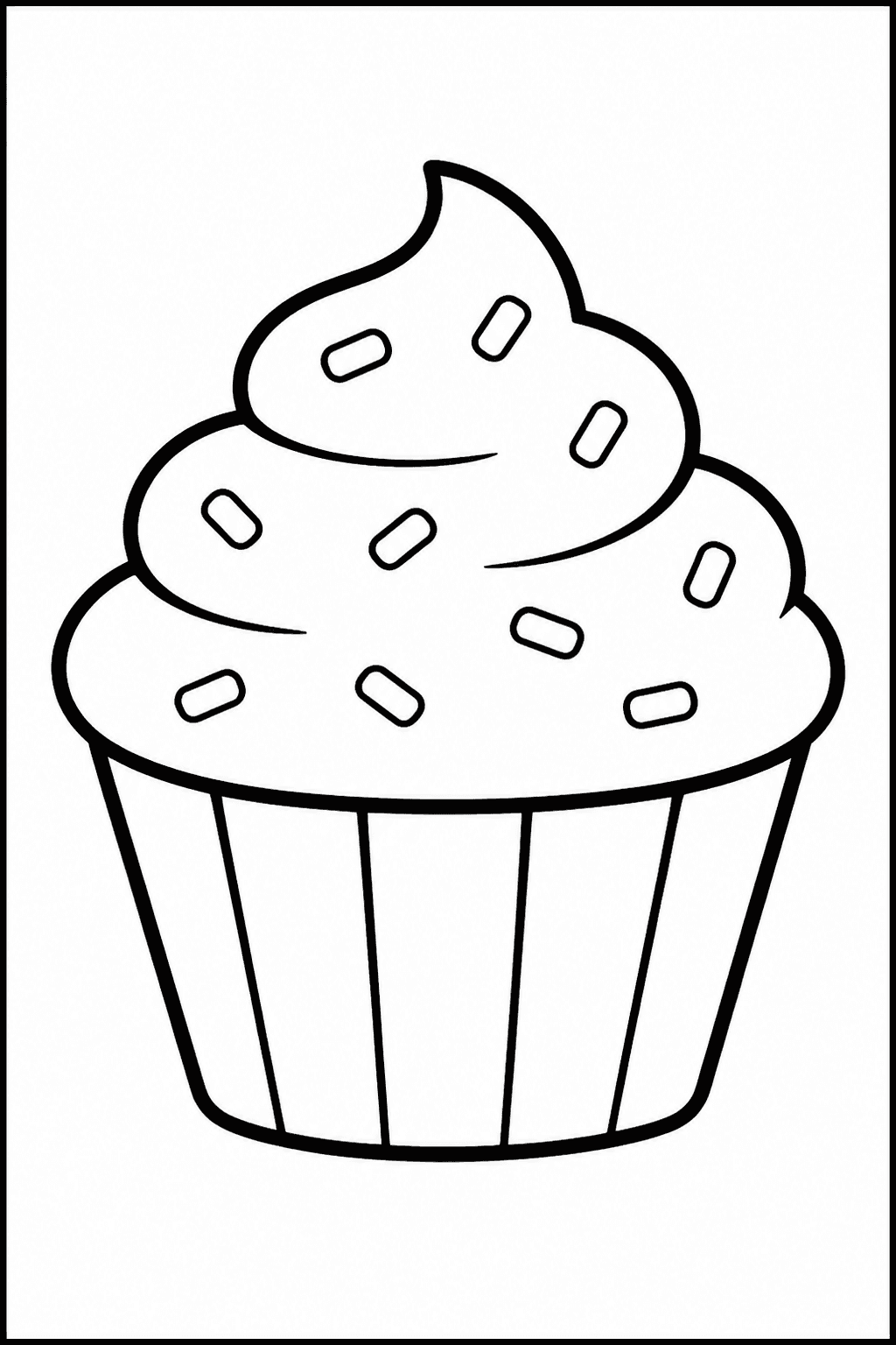 Cupcake coloring page featuring a simple cupcake with frosting, sprinkles, and a wrapper.