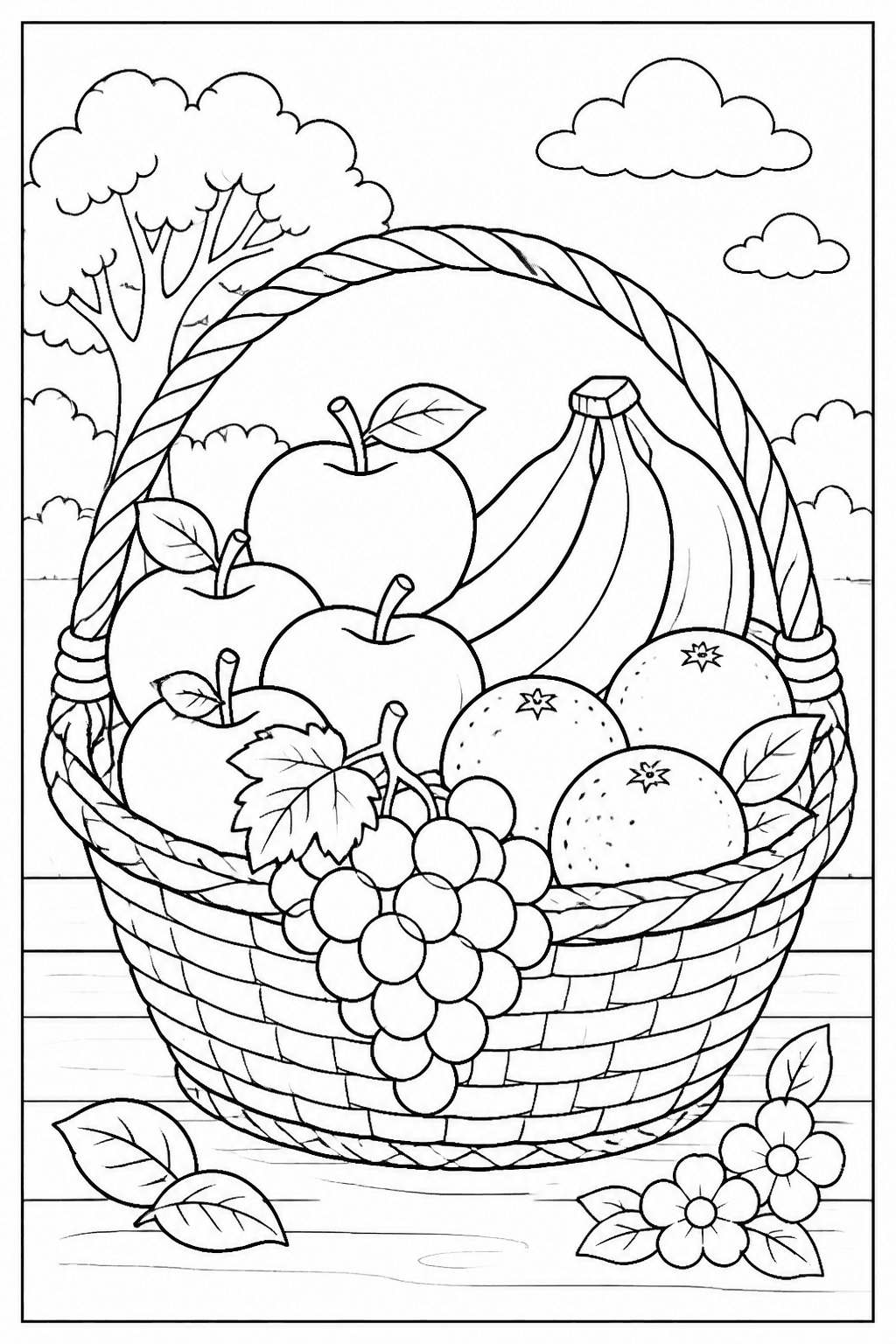 Fruit Basket coloring page featuring a basket of apples, bananas, grapes, and oranges.