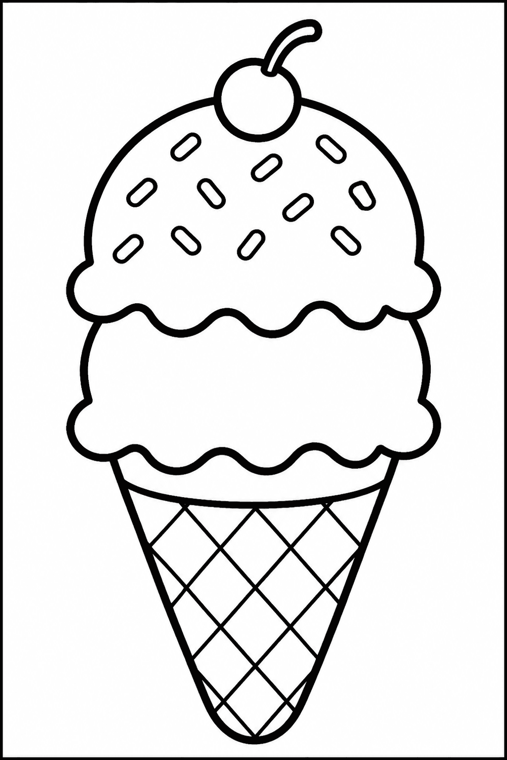 Ice Cream Cone coloring page featuring a big ice cream cone with scoops, sprinkles, and bold outlines.