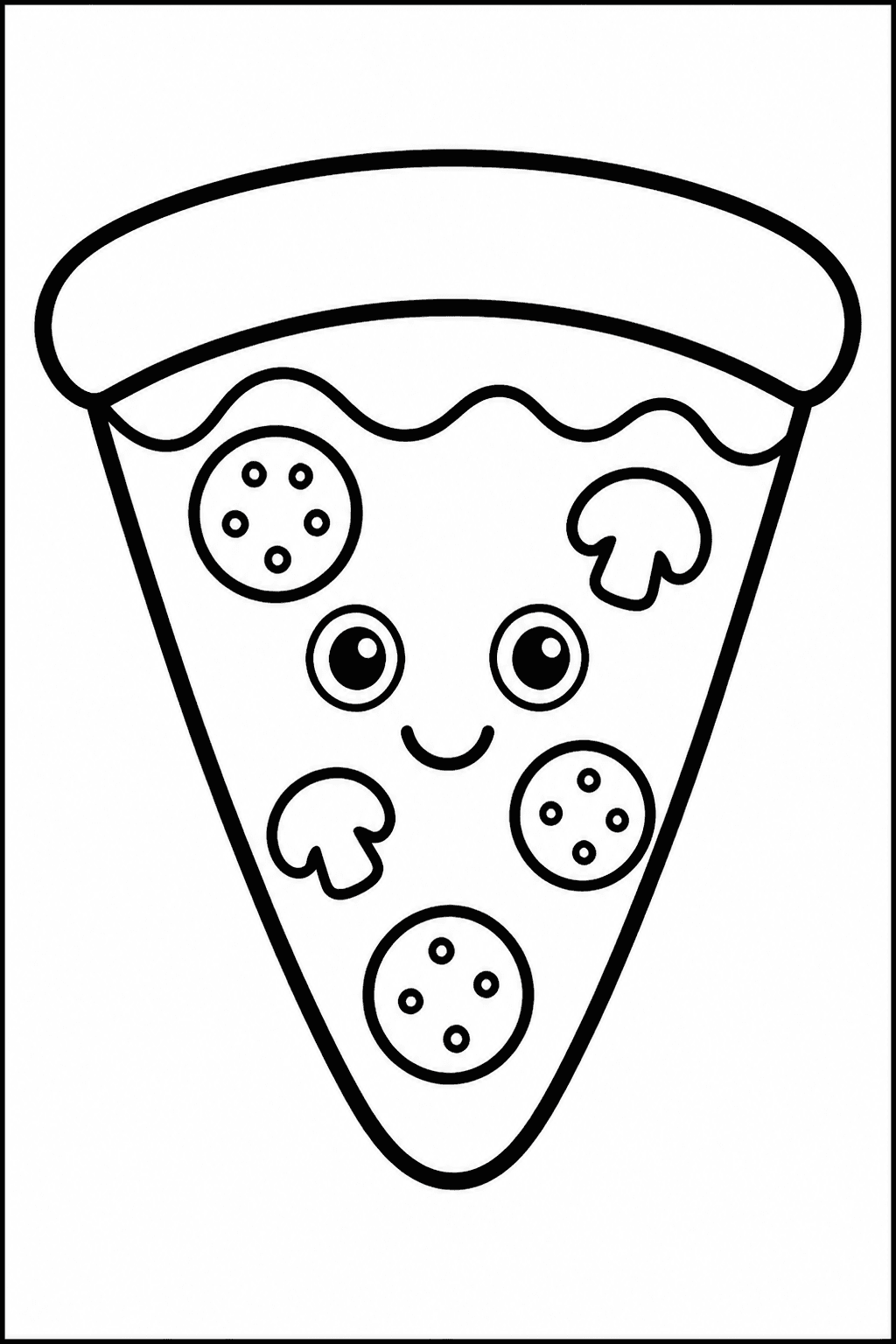 Pizza Slice coloring page featuring a smiling pizza slice with cheese, toppings, and bold outlines.