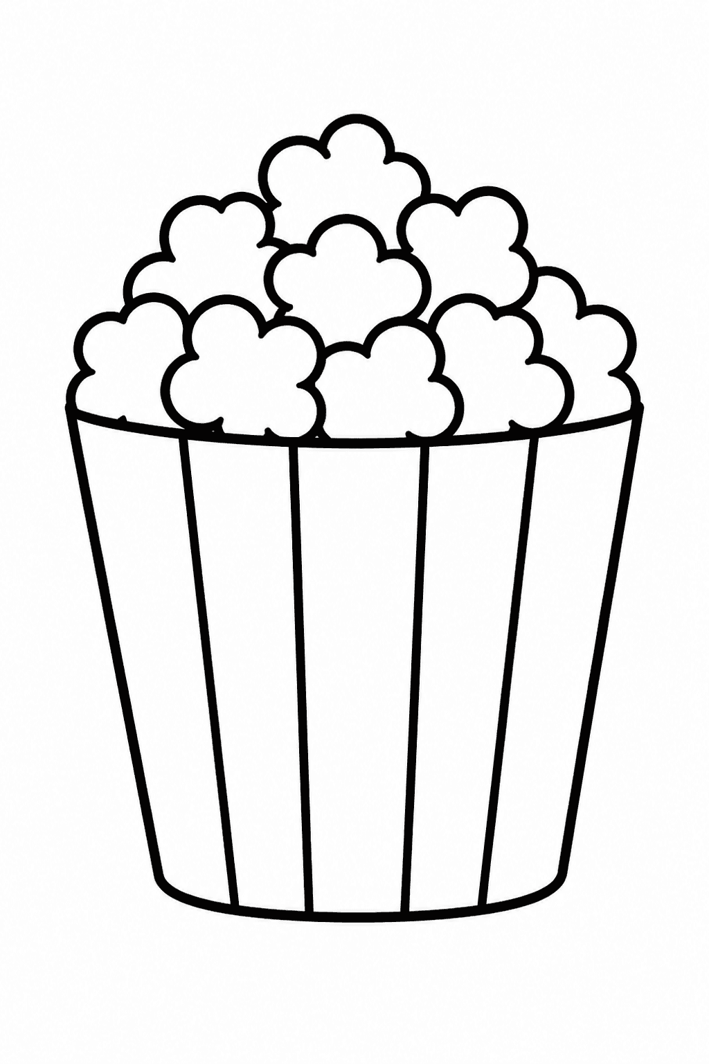 Popcorn Bucket coloring page featuring a big popcorn bucket with fluffy popcorn and simple stripes.