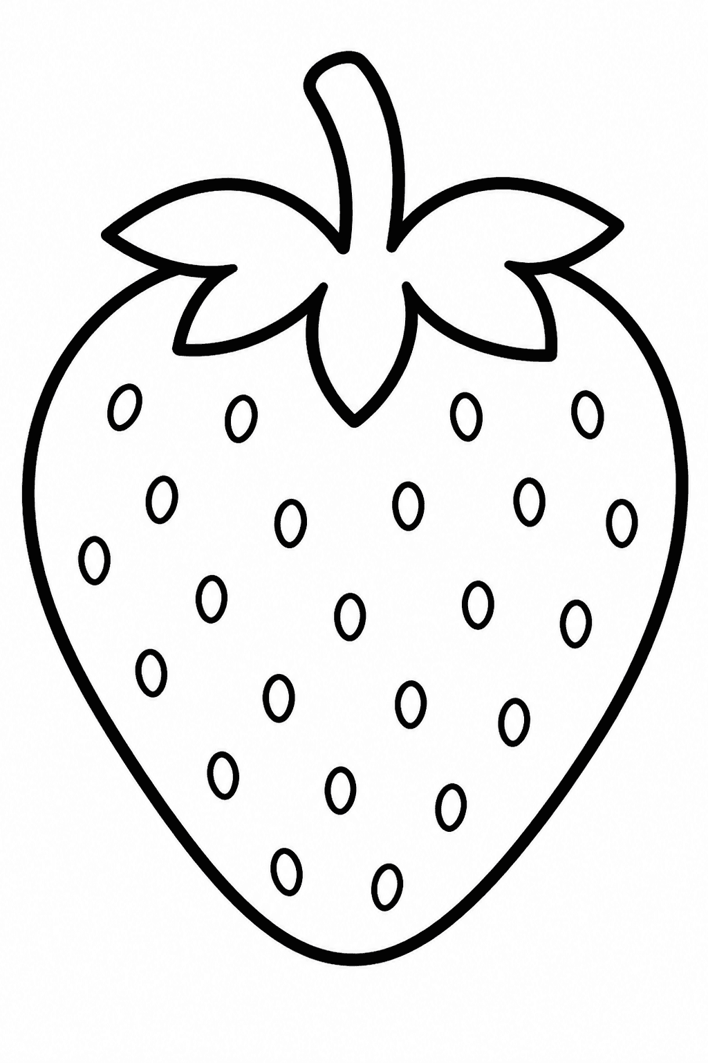 Strawberry coloring page featuring a big strawberry with seeds, leaves, and a friendly shape.