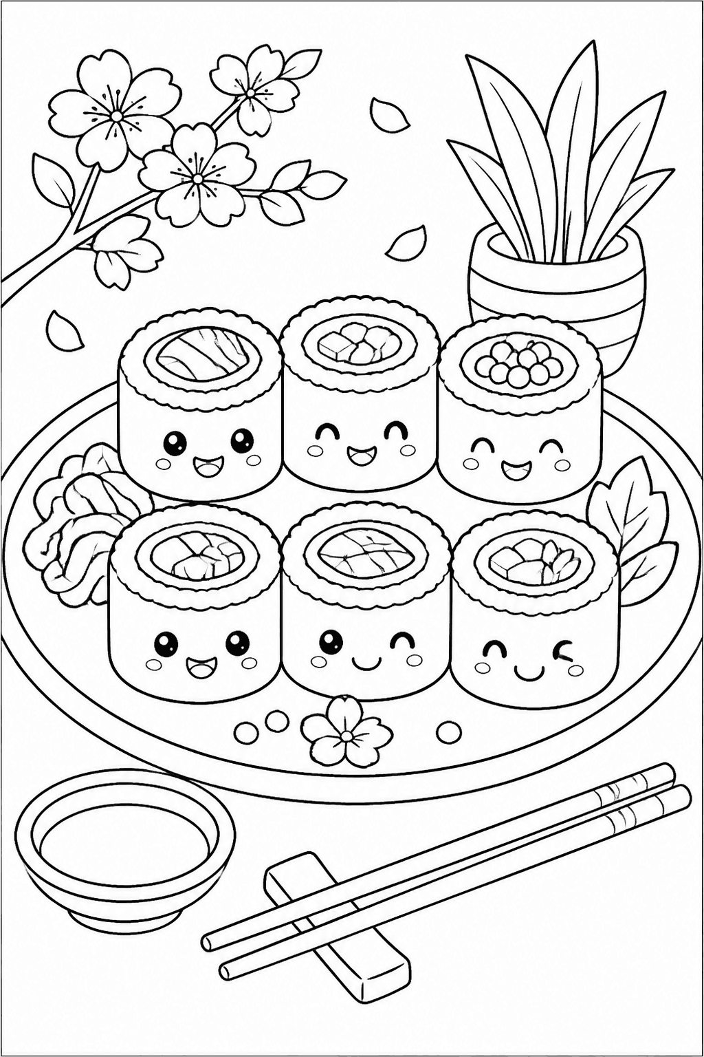 Sushi Rolls coloring page featuring friendly sushi rolls on a plate with chopsticks and tiny details.