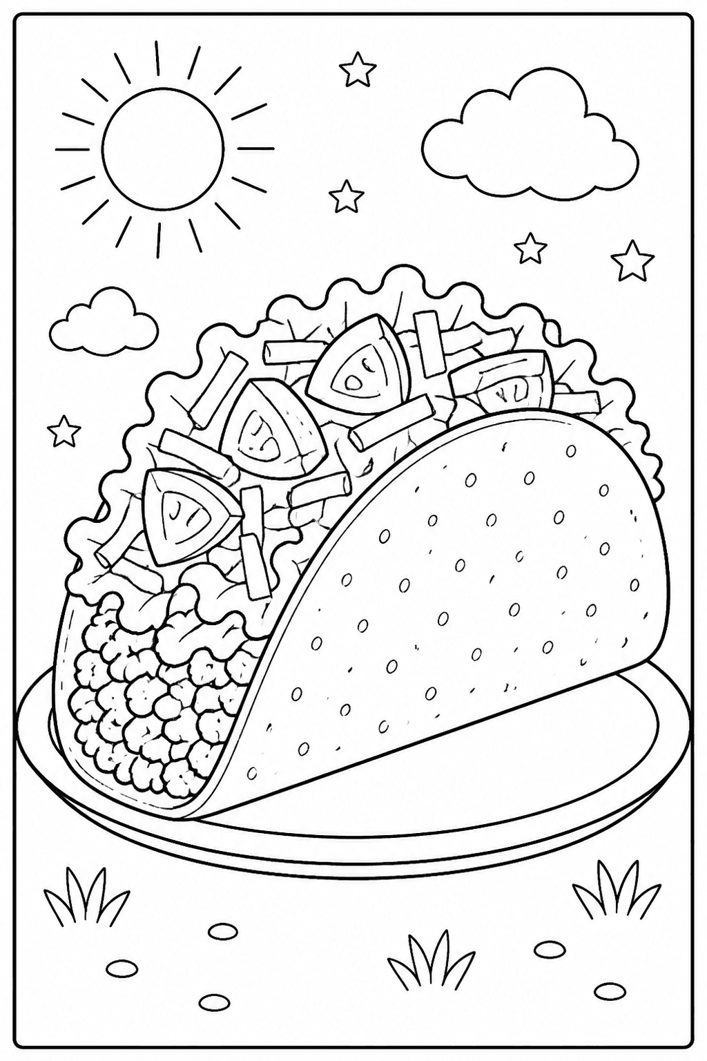Taco coloring page featuring a crunchy taco with lettuce, cheese, tomato, and simple toppings.