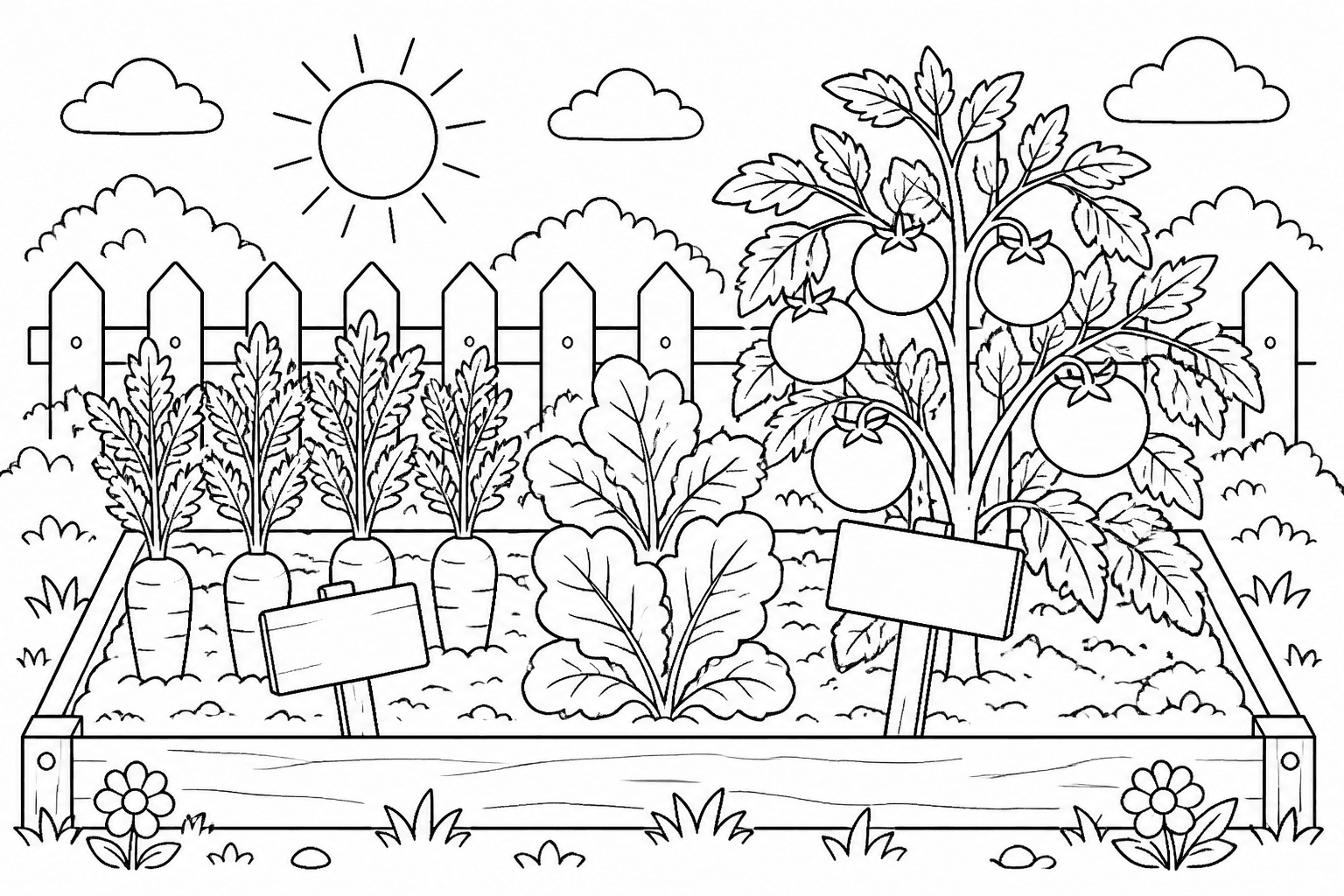 Vegetable Garden coloring page featuring a garden bed with carrots, tomatoes, leaves, and small signs.