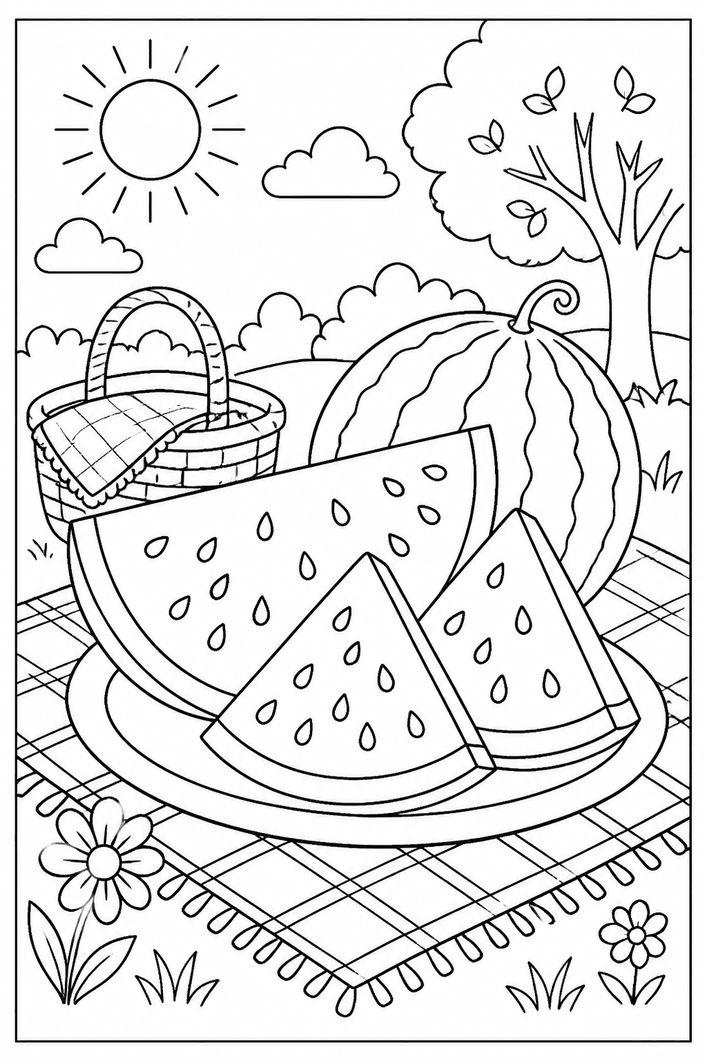 Watermelon coloring page featuring watermelon slices with seeds, picnic details, and a summer feel.