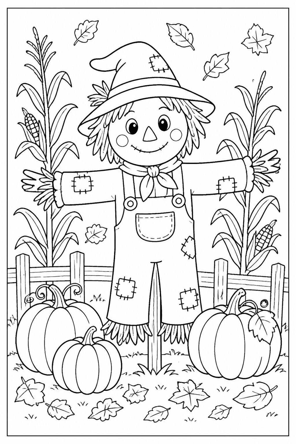 Autumn Scarecrow coloring page featuring a friendly scarecrow with pumpkins, corn stalks, and falling leaves.