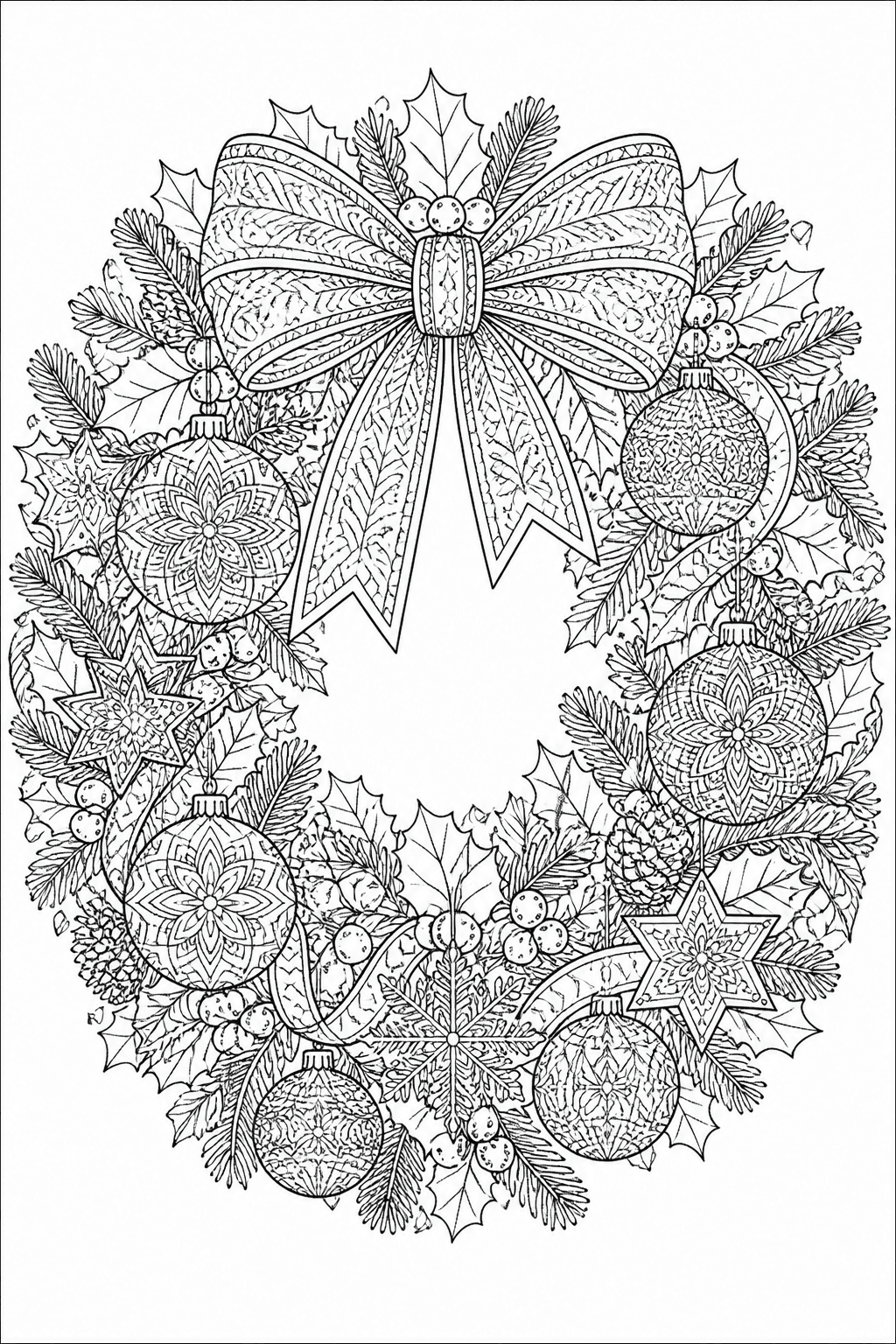Christmas wreath coloring page with intricate ornaments, holly, and a bow.