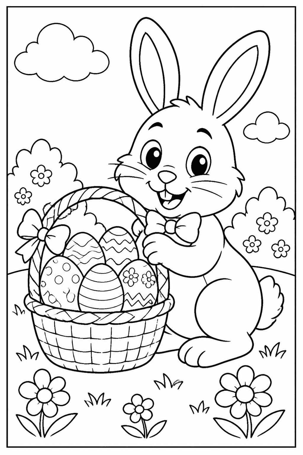 Easter bunny coloring page with a cute bunny, decorated eggs, and a basket.
