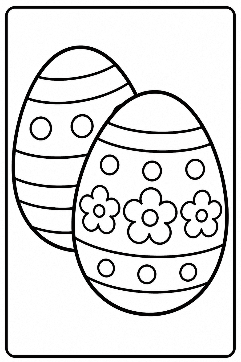 Easter Eggs coloring page featuring large decorated easter eggs with simple stripes, dots, and flowers.