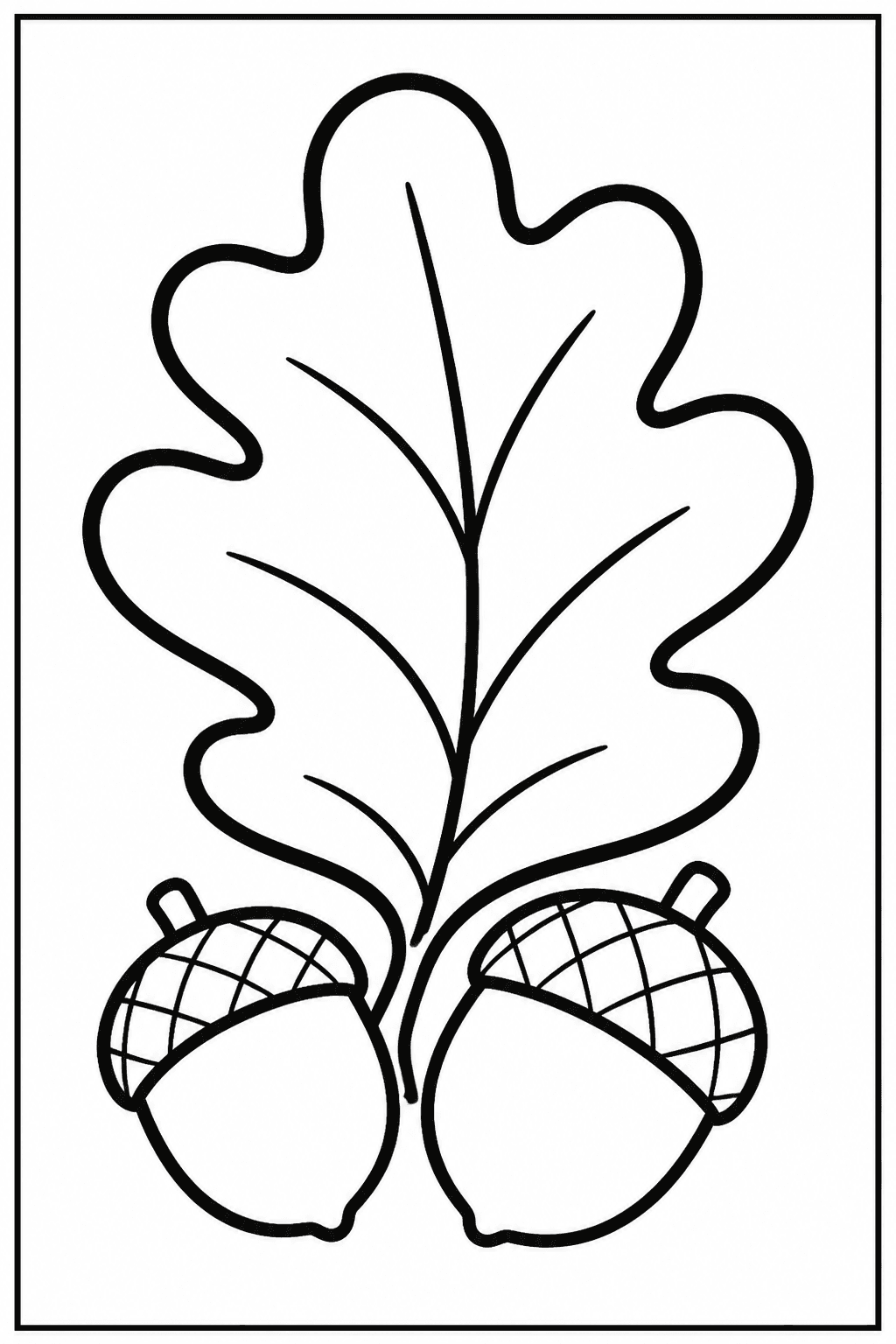 Fall Leaves coloring page featuring large autumn leaves with acorns and bold simple outlines.