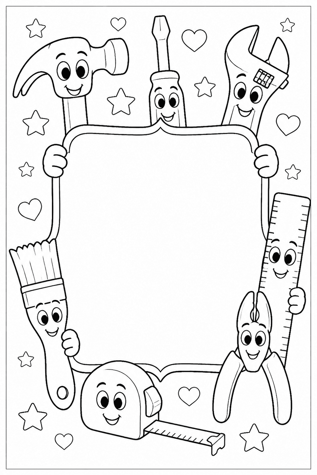 Father's Day Tools coloring page featuring friendly tools, stars, hearts, and a blank card shape.