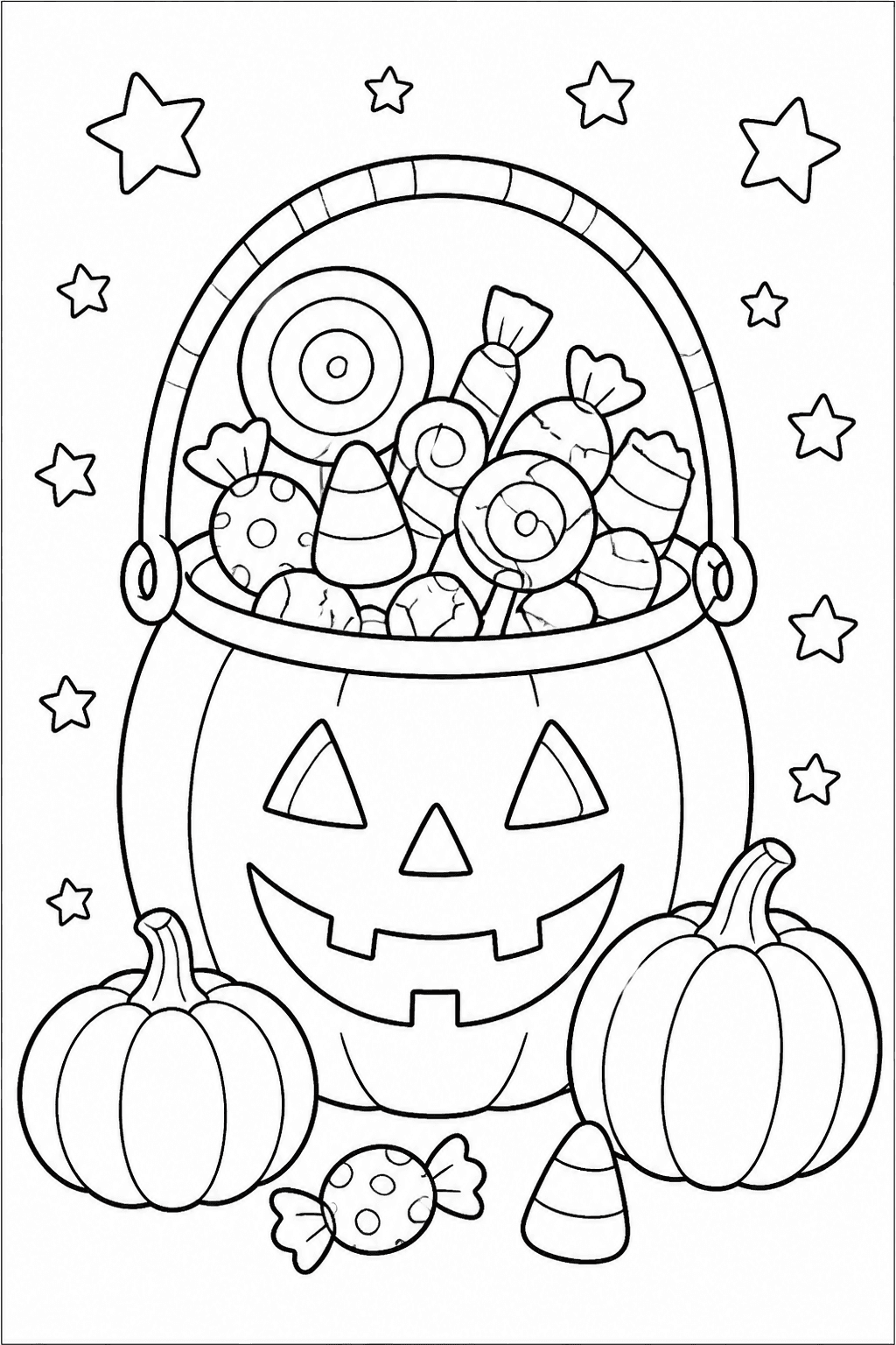 Halloween Candy Bucket coloring page featuring a trick-or-treat bucket full of candy with pumpkins and stars.