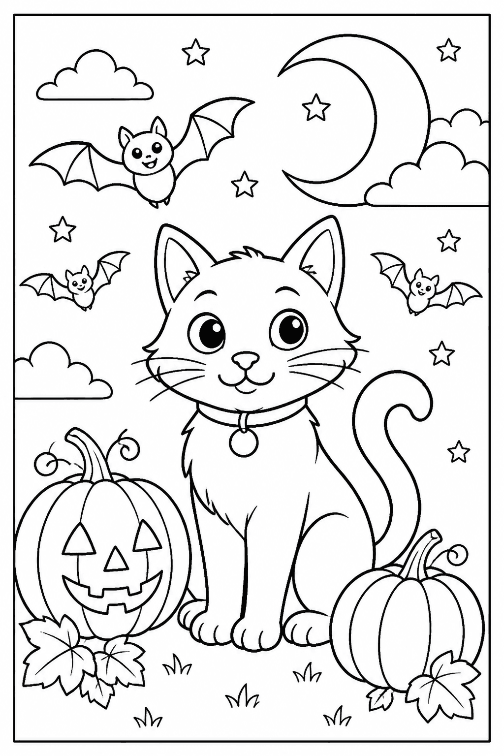 Halloween Cat coloring page featuring a friendly black cat outline with a moon, pumpkins, and bats.