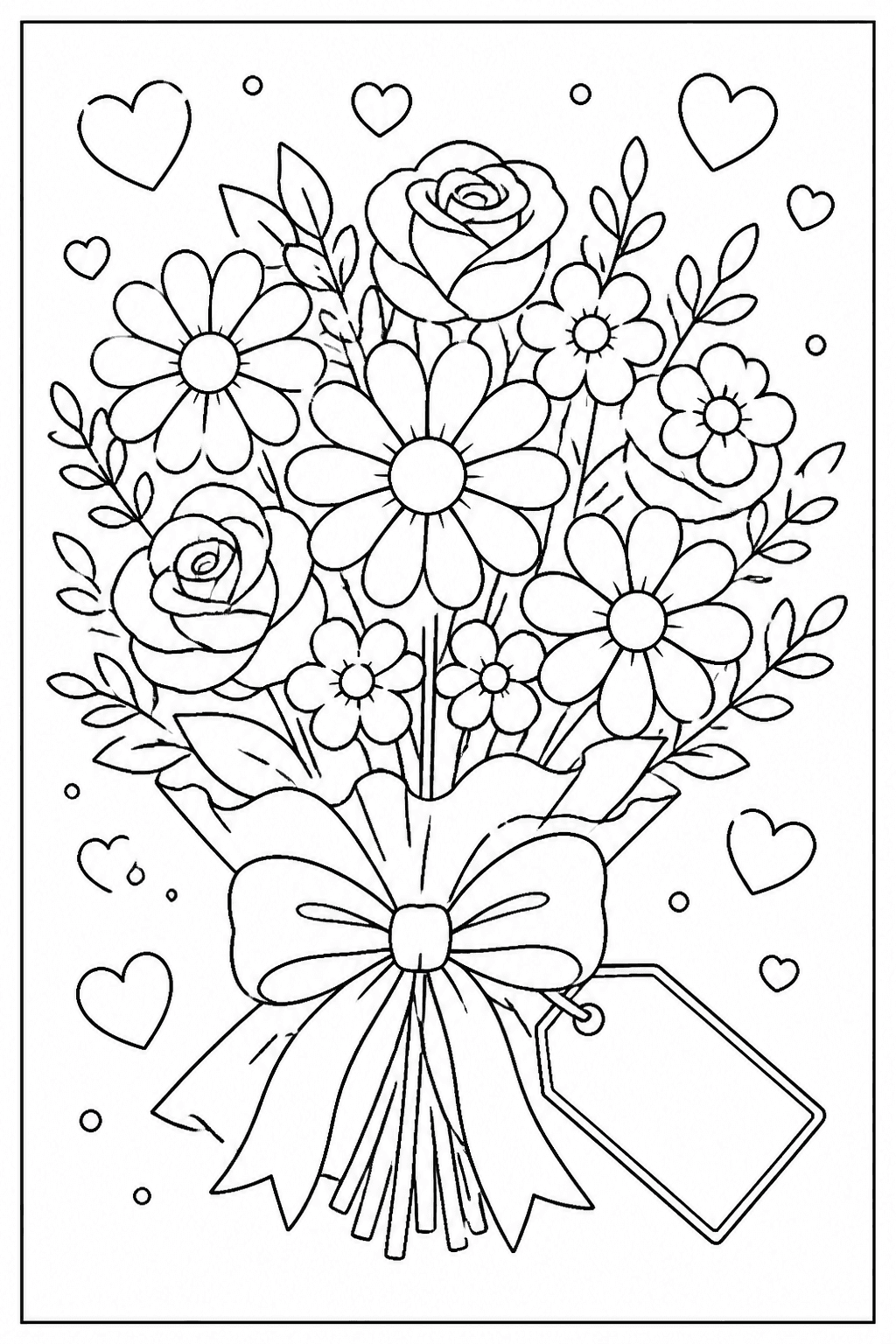 Mother's Day Flowers coloring page featuring a bouquet of flowers, hearts, ribbon, and a blank gift tag.