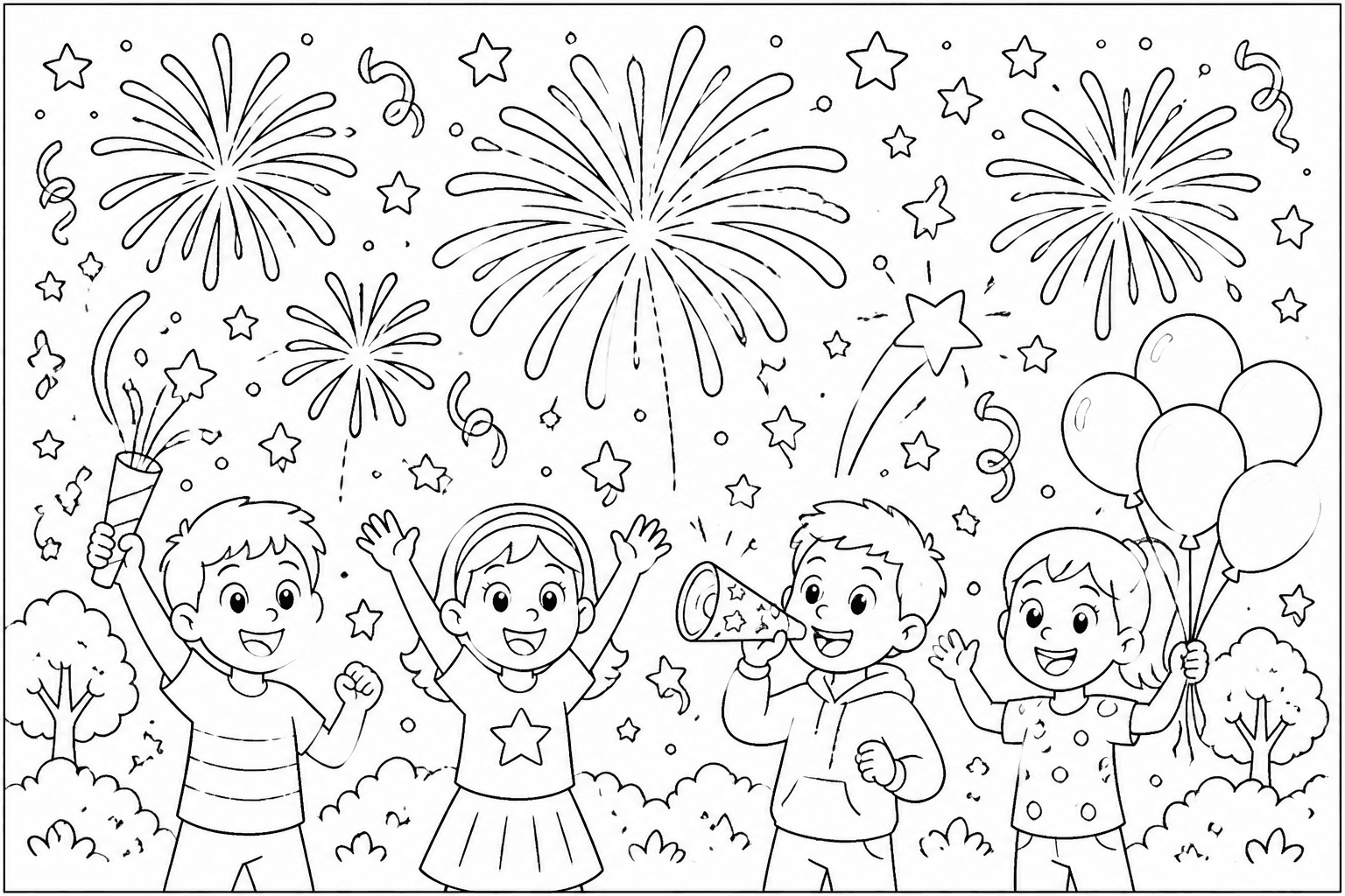 New Year Fireworks coloring page featuring fireworks, stars, streamers, and a celebration scene without year text.