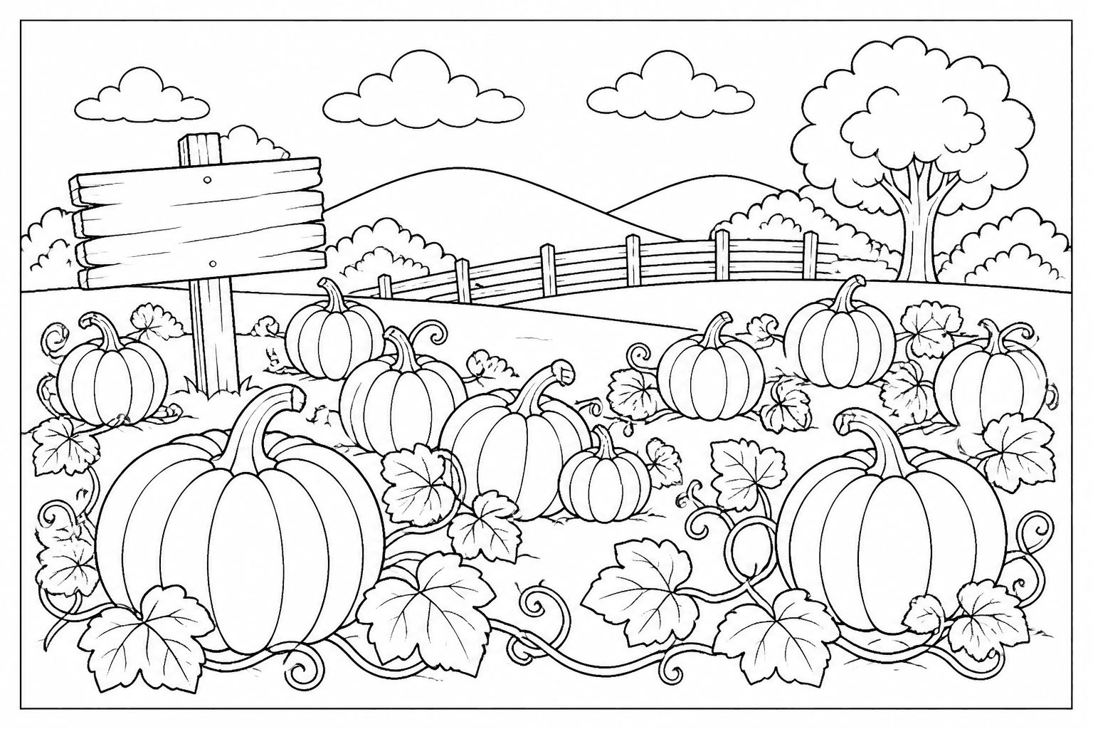 Pumpkin Patch coloring page featuring a pumpkin patch with vines, leaves, a sign, and rolling hills.