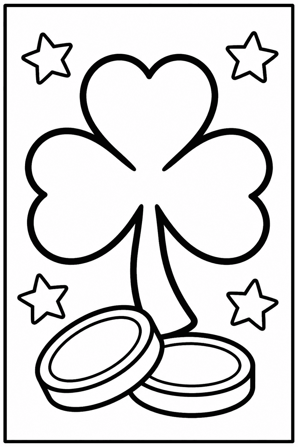 St Patrick's Shamrock coloring page featuring a large shamrock with coins, stars, and bold simple outlines.