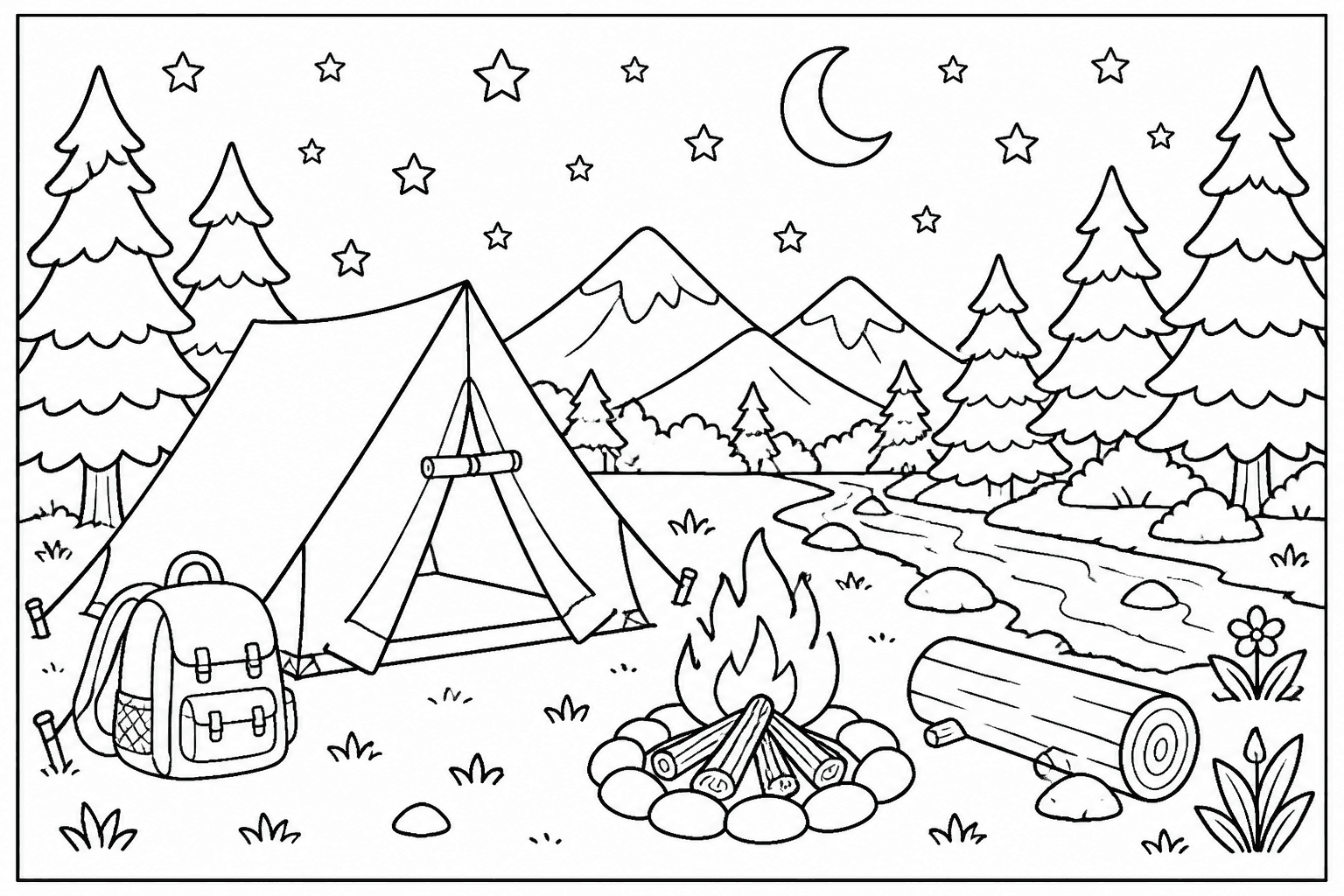 Summer Camp coloring page featuring a tent, campfire, trees, stars, and a friendly outdoor scene.