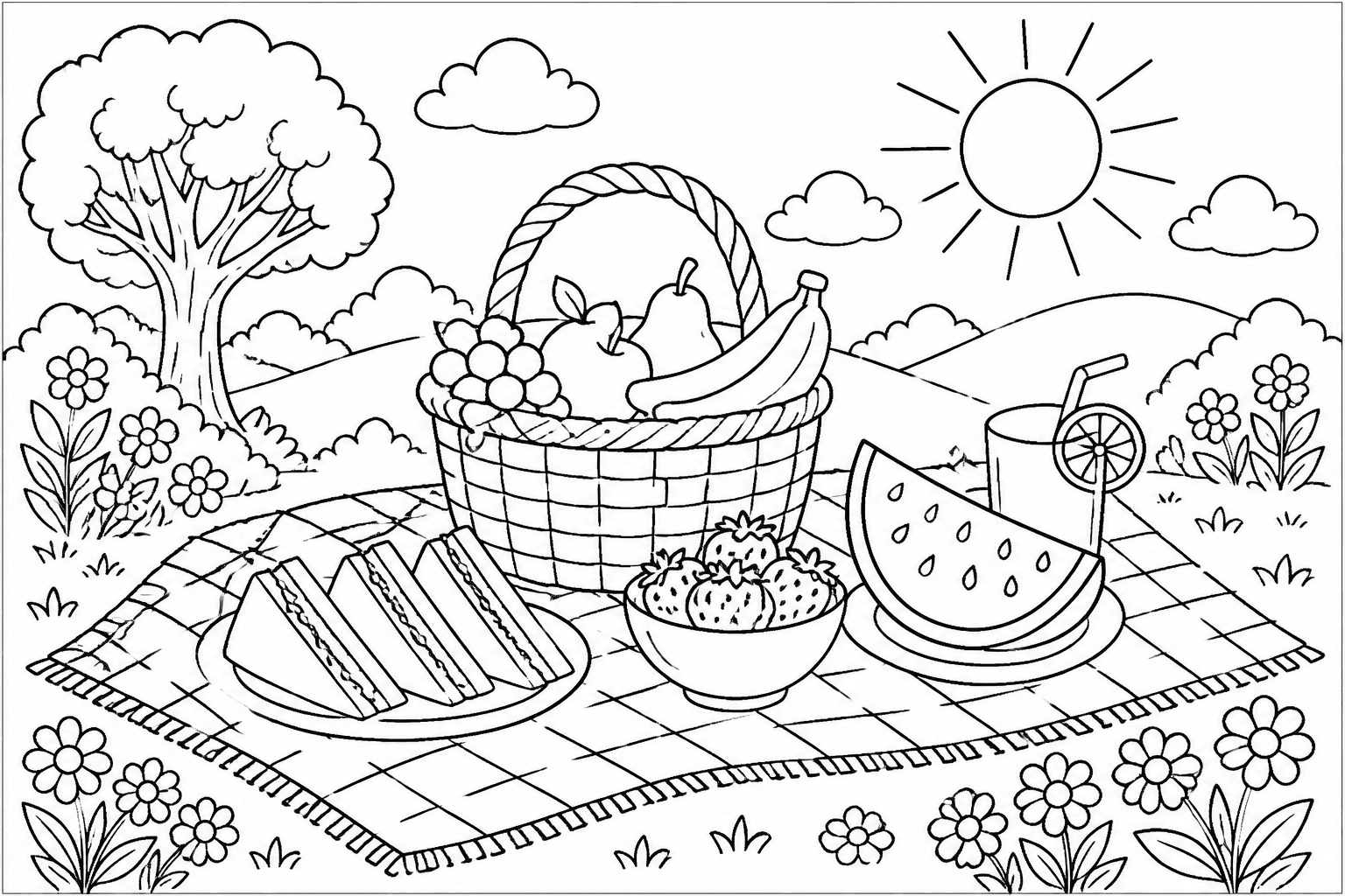 Summer Picnic coloring page featuring a picnic blanket with fruit, sandwiches, flowers, and sunshine.
