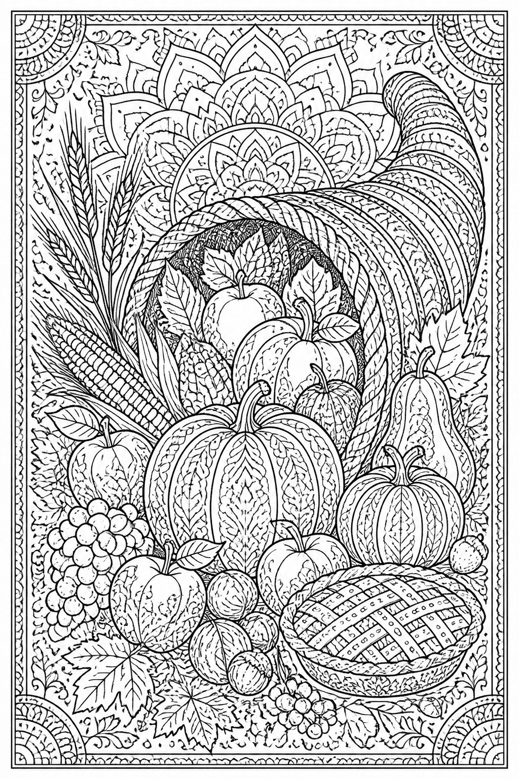 Thanksgiving Cornucopia coloring page featuring a detailed cornucopia with pumpkins, apples, leaves, and harvest food.