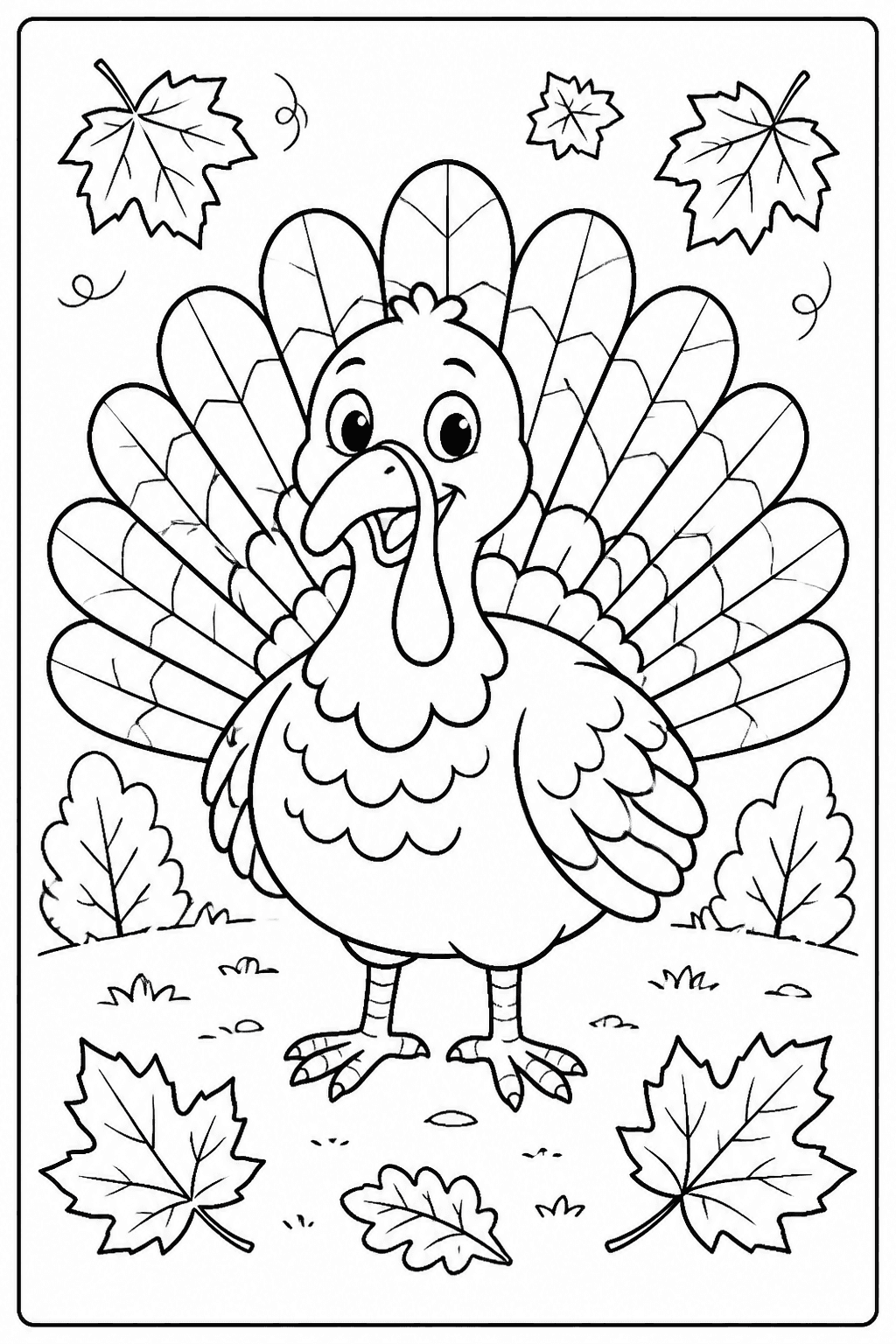 Thanksgiving turkey coloring page with feathers and fall leaves.