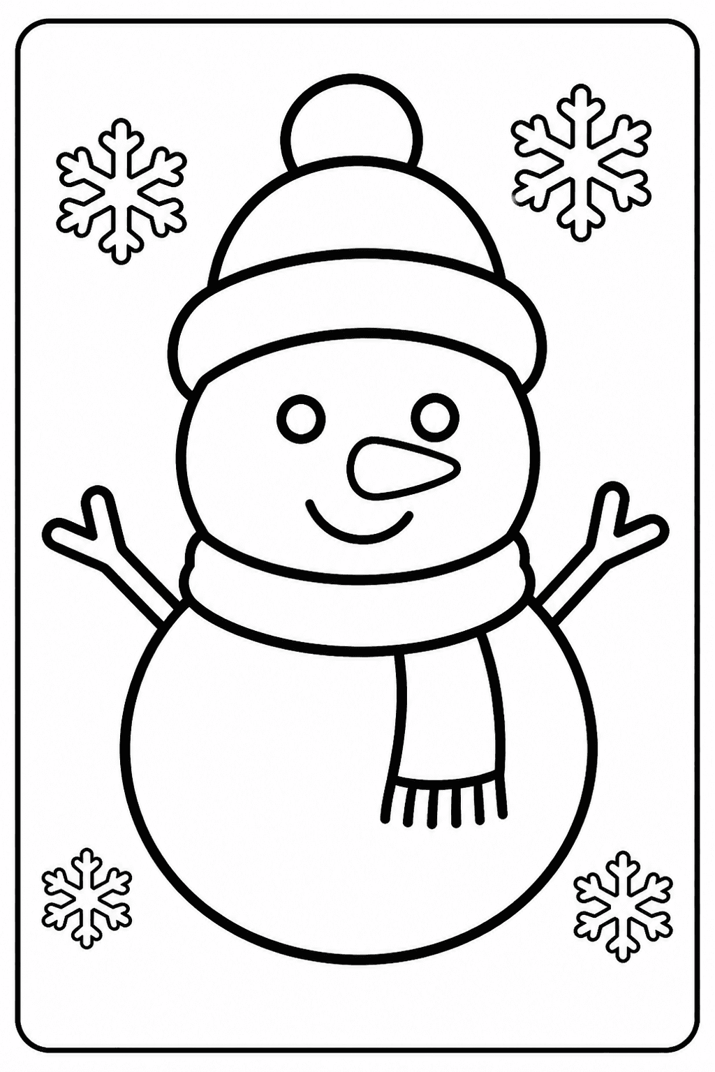 Winter Snowman coloring page featuring a simple snowman with a scarf, hat, snowflakes, and bold outlines.