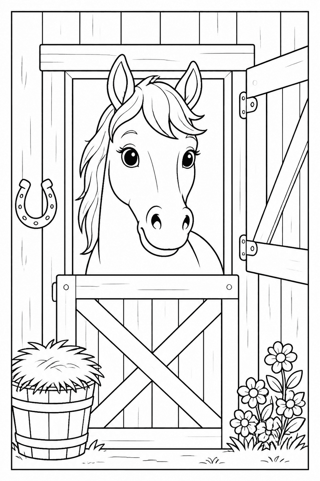 Horse stable coloring page with a friendly horse looking out.