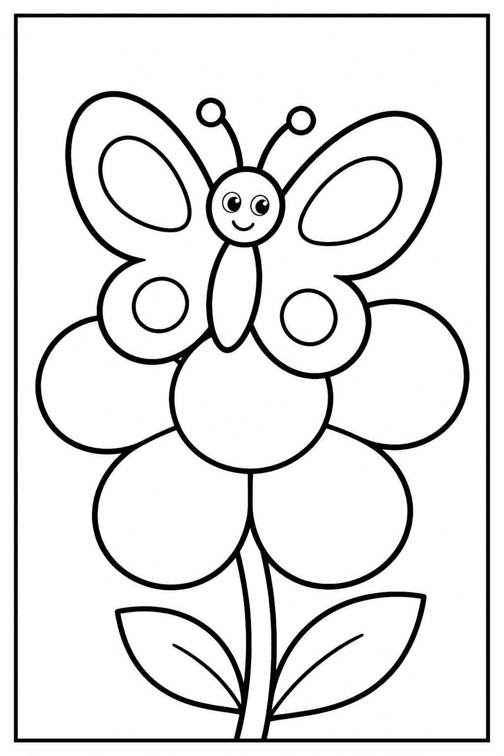 Butterfly on Flower coloring page featuring a simple butterfly resting on a large flower.