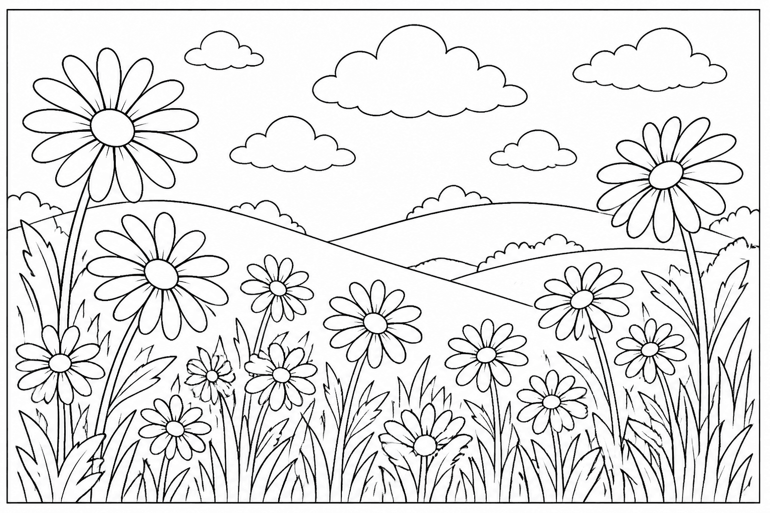 Daisy Field coloring page featuring a field of daisies with clouds, grass, and gentle hills.